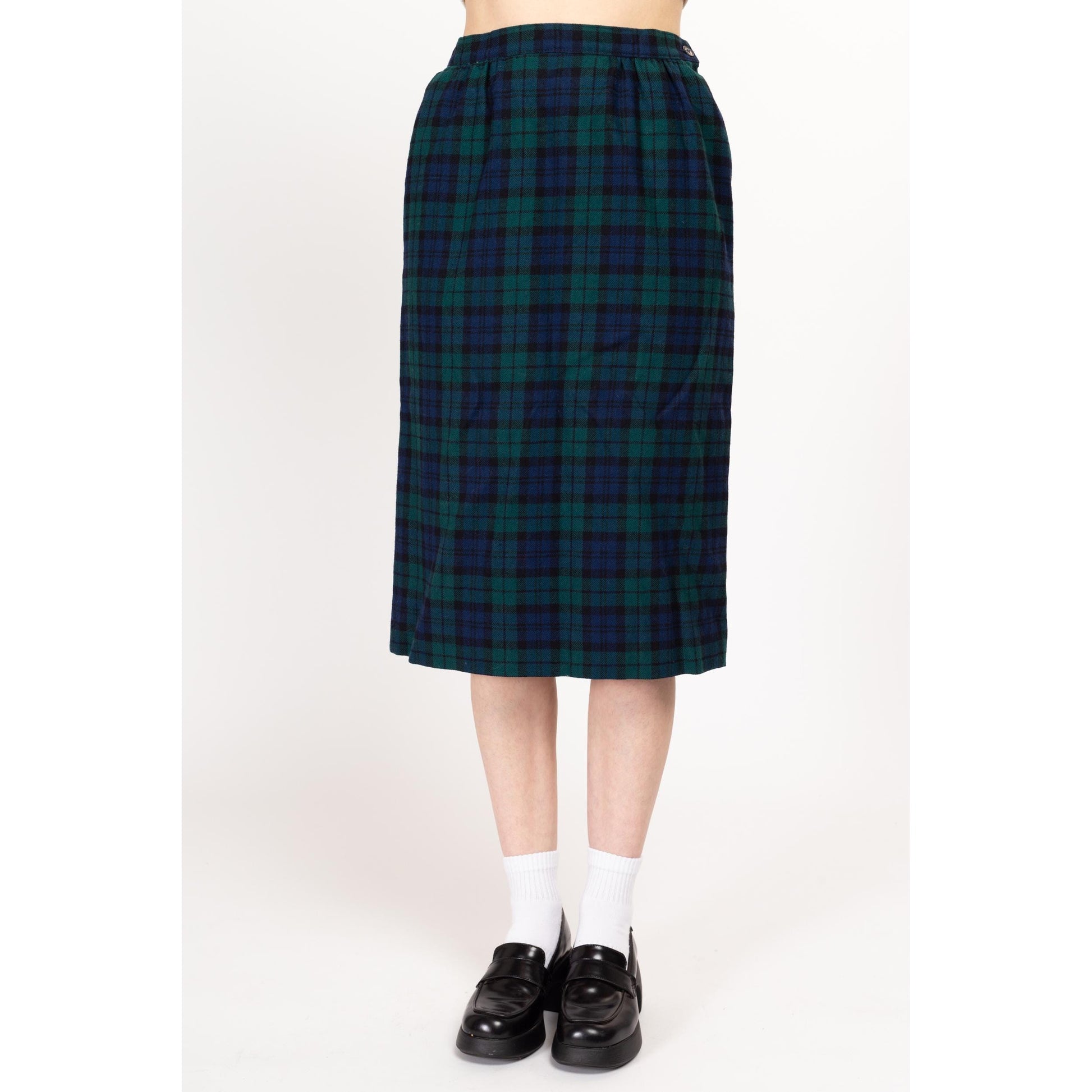 Medium 80s Pendleton Black Watch Tartan Wool Jacket & Midi Skirt Set Size 8 | Vintage Green Navy Blue Plaid Matching Two Piece Blazer Suit