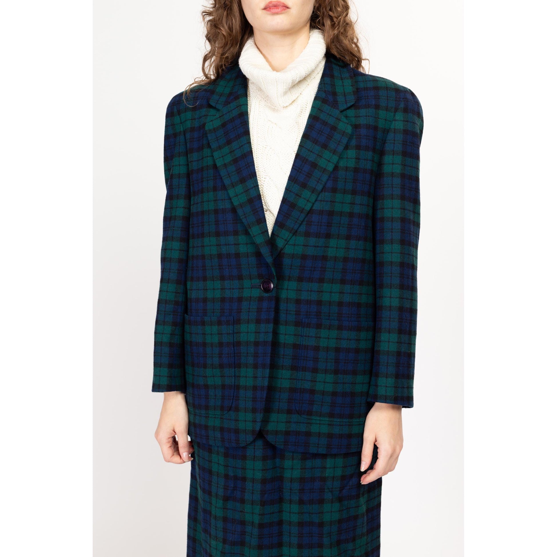 Medium 80s Pendleton Black Watch Tartan Wool Jacket & Midi Skirt Set Size 8 | Vintage Green Navy Blue Plaid Matching Two Piece Blazer Suit
