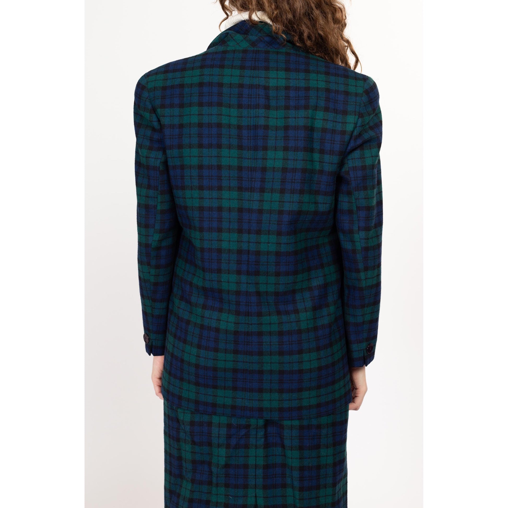 Medium 80s Pendleton Black Watch Tartan Wool Jacket & Midi Skirt Set Size 8 | Vintage Green Navy Blue Plaid Matching Two Piece Blazer Suit