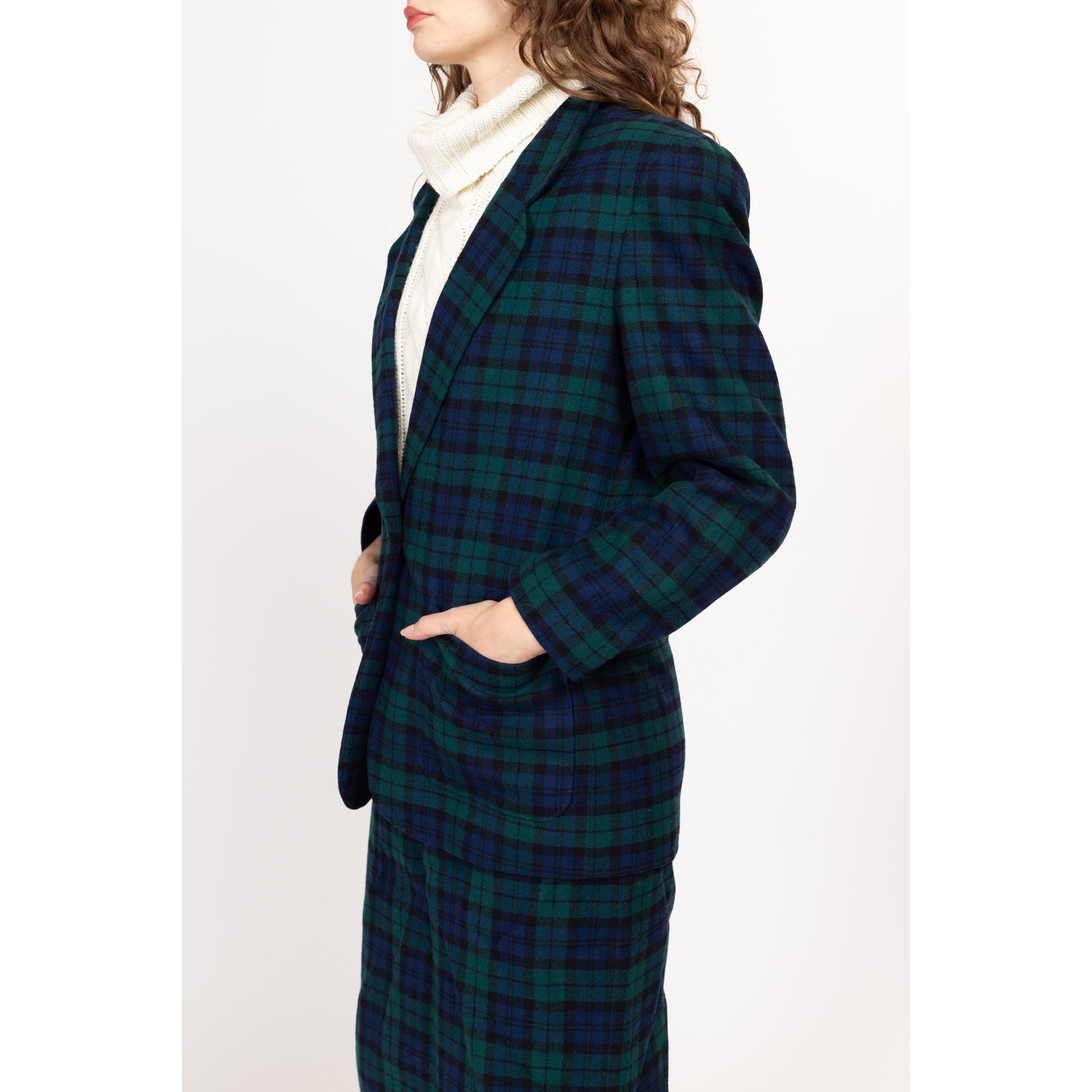 Medium 80s Pendleton Black Watch Tartan Wool Jacket & Midi Skirt Set Size 8 | Vintage Green Navy Blue Plaid Matching Two Piece Blazer Suit