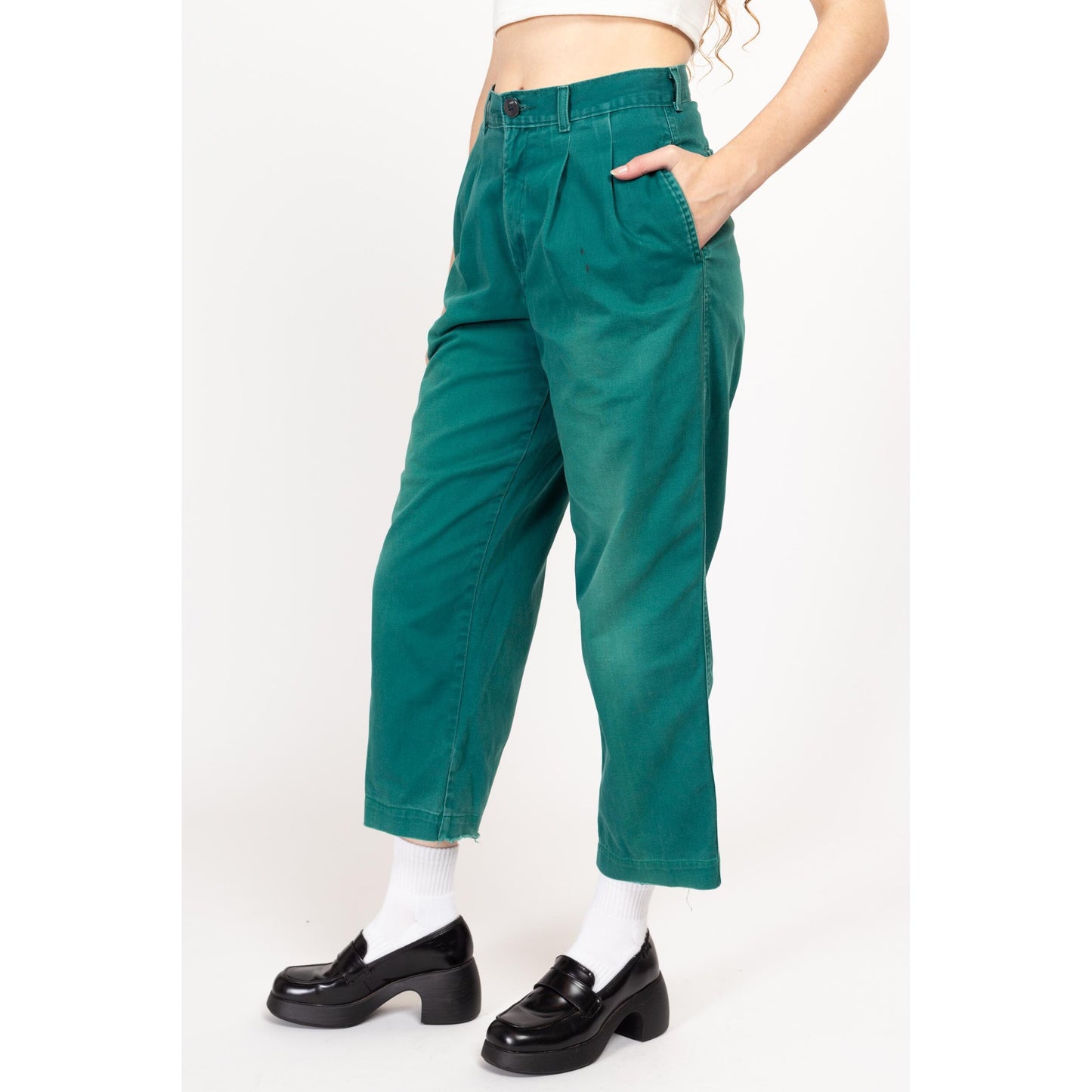 Petite Medium 90s Dockers Faded Teal Cotton High Waisted Pants 28" | Vintage Distressed Pleated Tapered Leg Casual Trousers