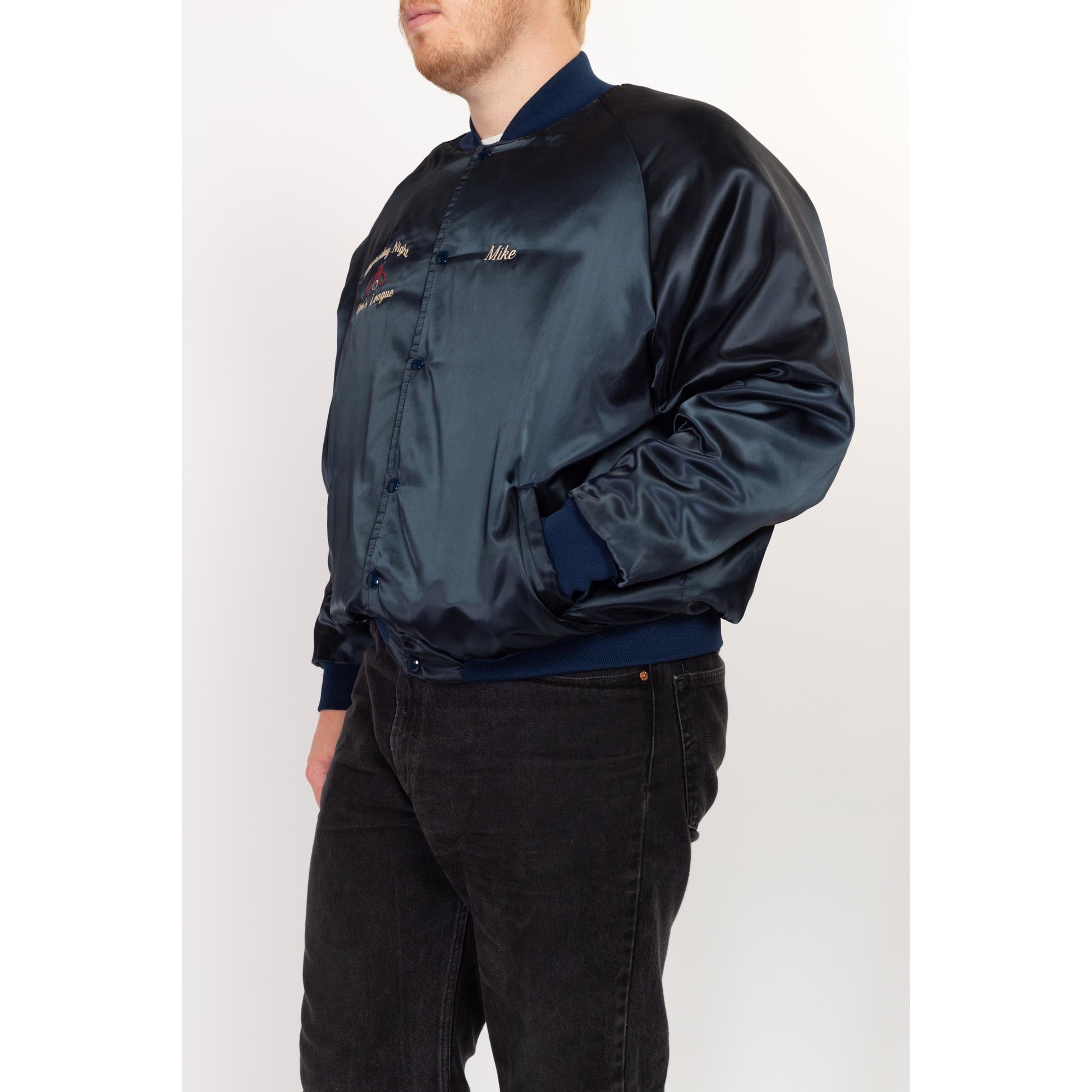 XXL 80s Bowling League Satin Varsity Jacket | Vintage Navy Blue Snap Up Bomber Coat