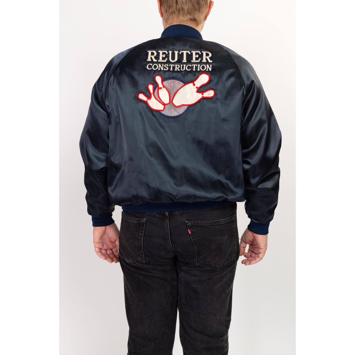 XXL 80s Bowling League Satin Varsity Jacket | Vintage Navy Blue Snap Up Bomber Coat