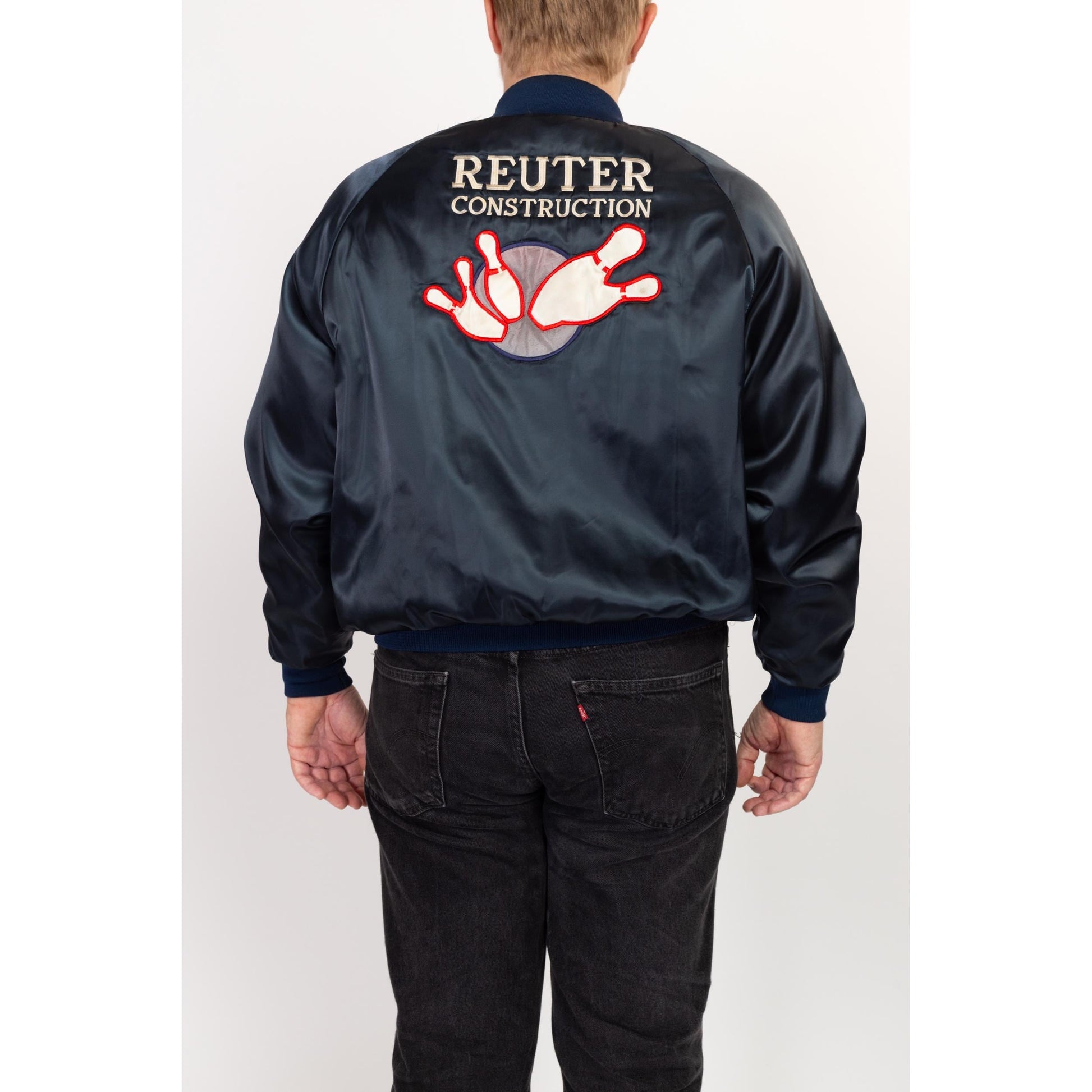 XXL 80s Bowling League Satin Varsity Jacket | Vintage Navy Blue Snap Up Bomber Coat