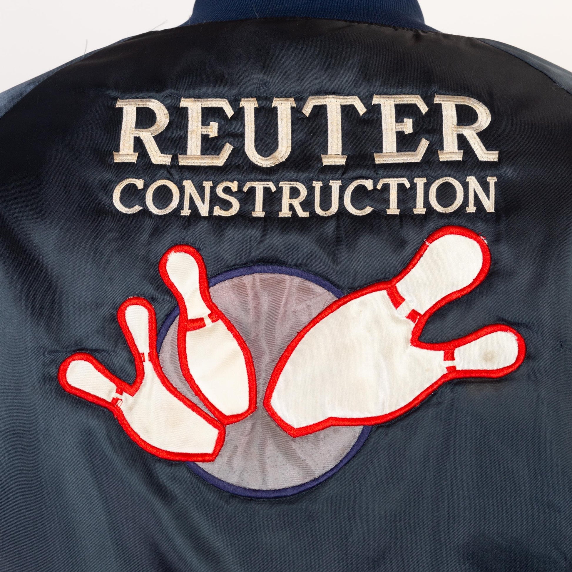 XXL 80s Bowling League Satin Varsity Jacket | Vintage Navy Blue Snap Up Bomber Coat