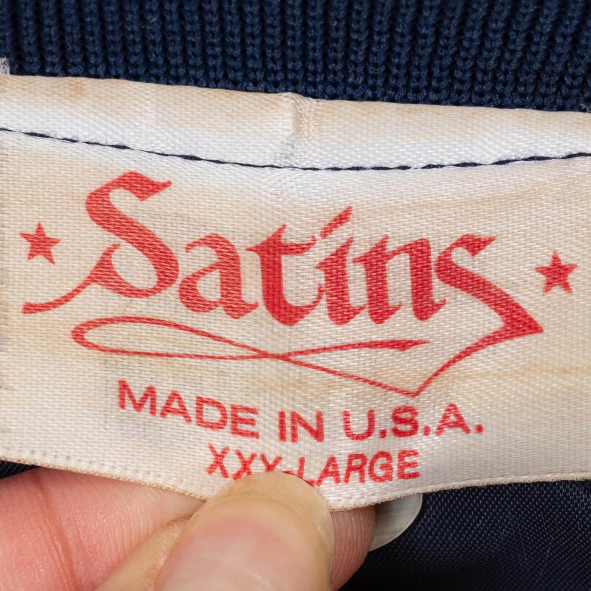 XXL 80s Bowling League Satin Varsity Jacket | Vintage Navy Blue Snap Up Bomber Coat