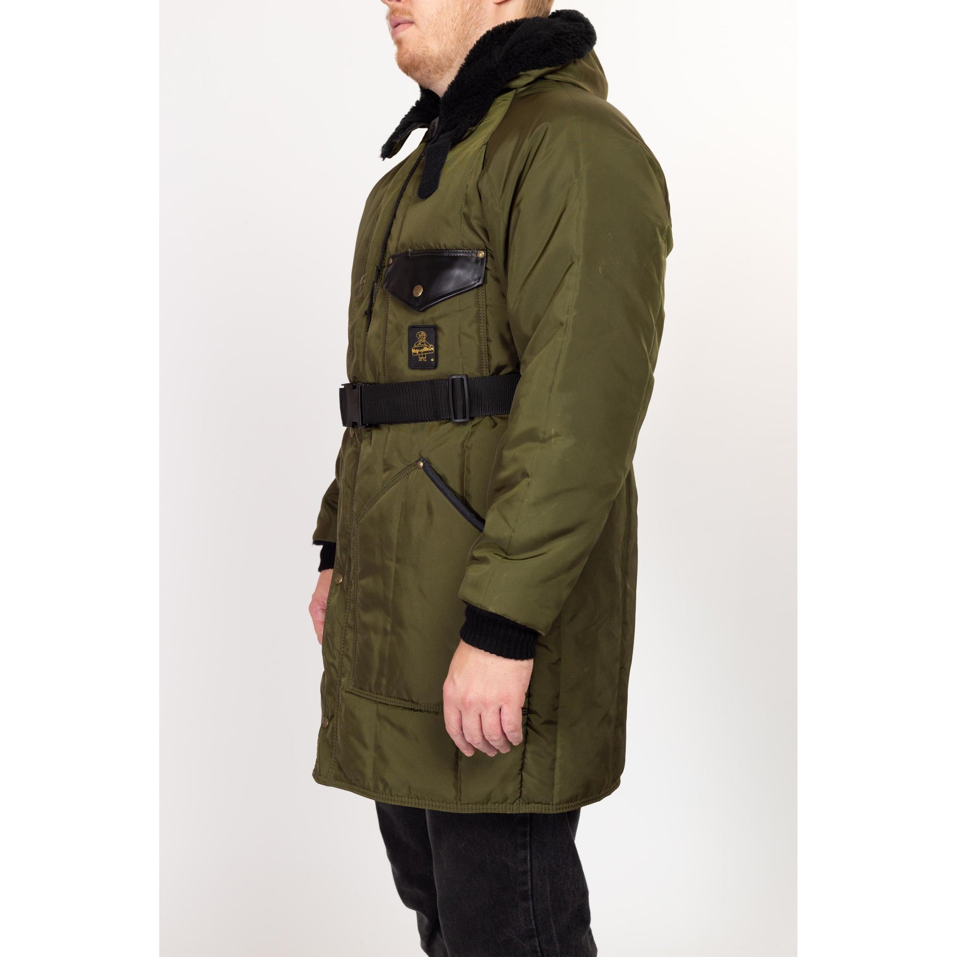 Med-Lrg 90s Refrigiwear Army Green Hooded Snow Jacket | Vintage Belted Zip Up Puffer Winter Ski Coat