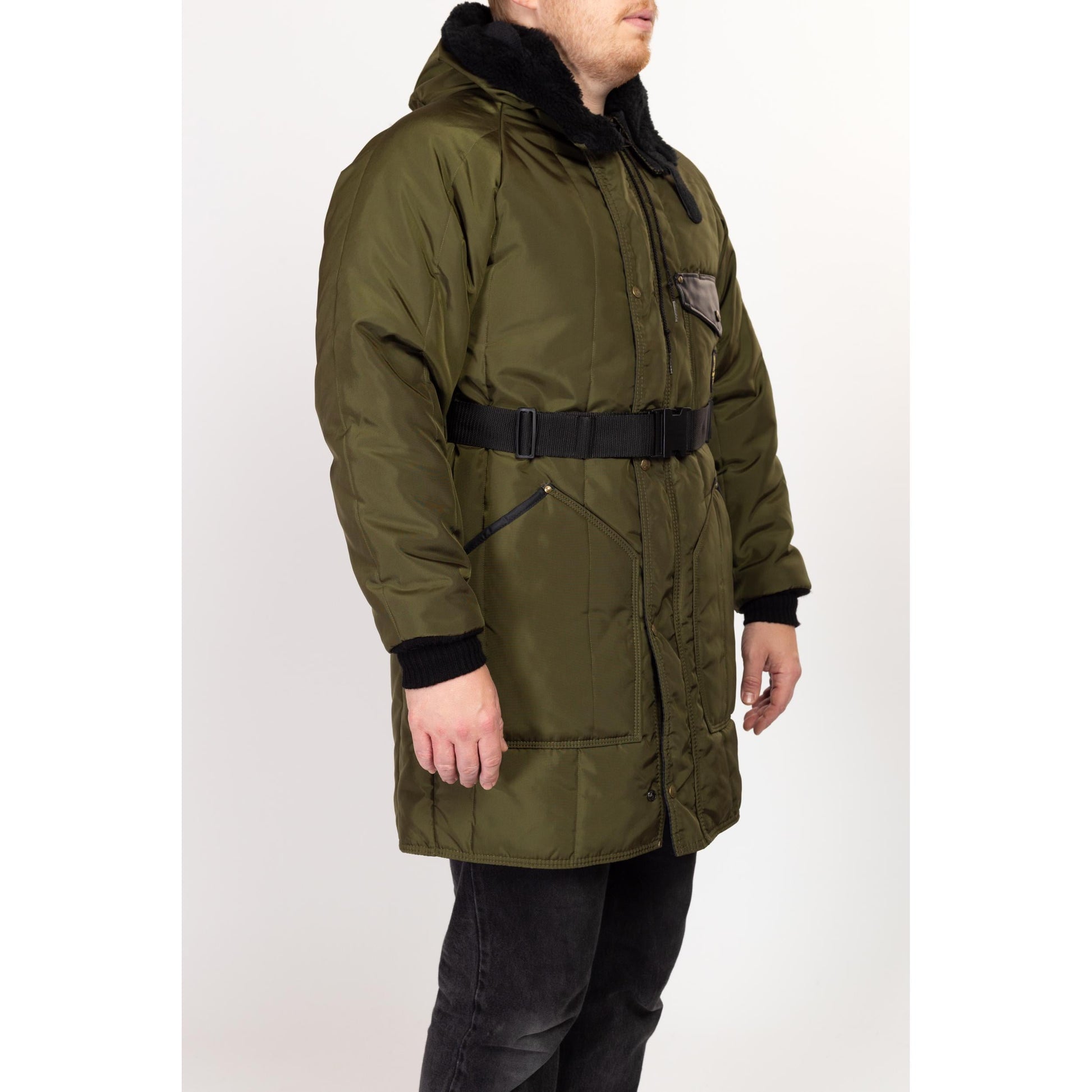 Med-Lrg 90s Refrigiwear Army Green Hooded Snow Jacket | Vintage Belted Zip Up Puffer Winter Ski Coat
