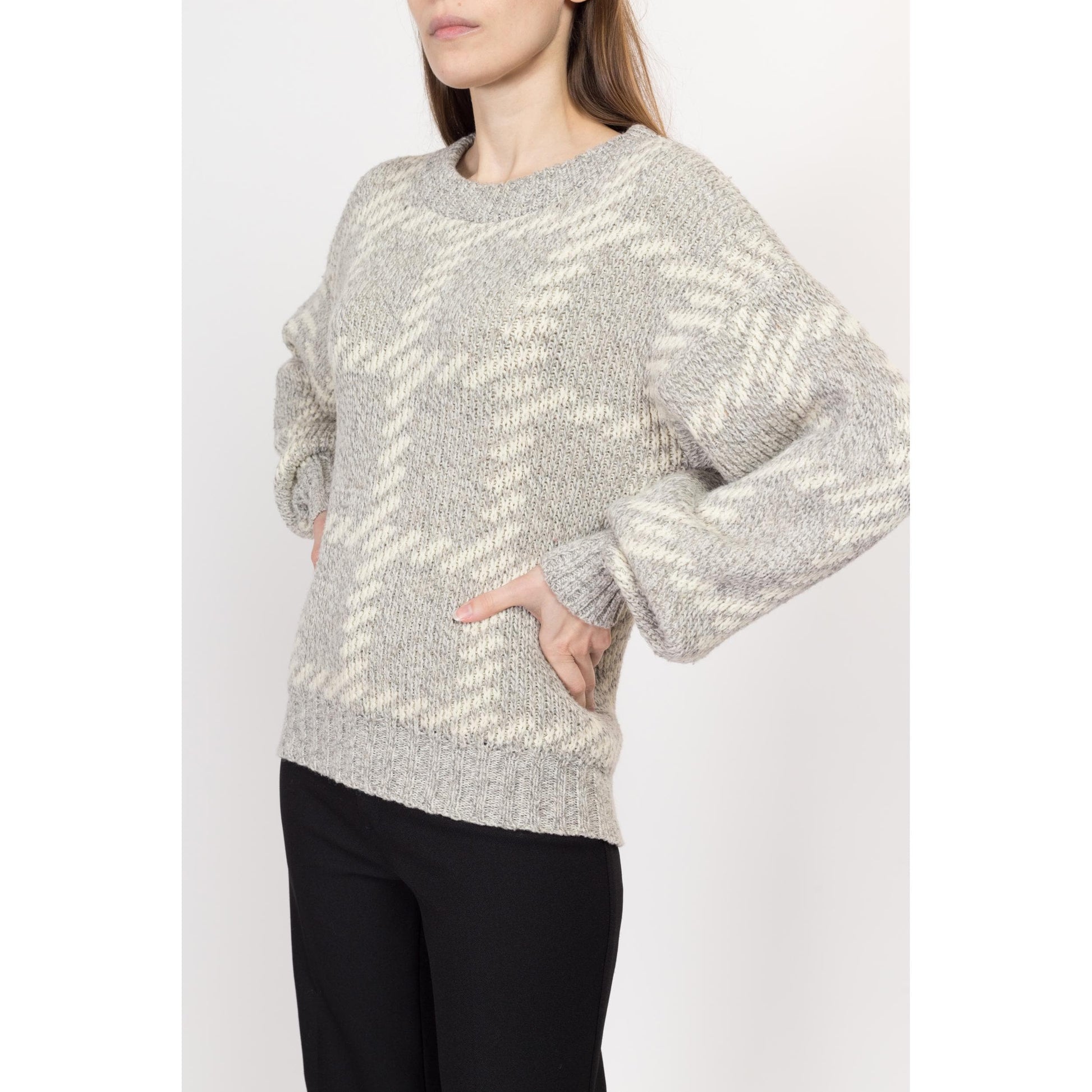 Med-Lrg 80s Grey & Cream Slouchy Knit Sweater | Vintage Plaid Chunky Knit Pullover Jumper