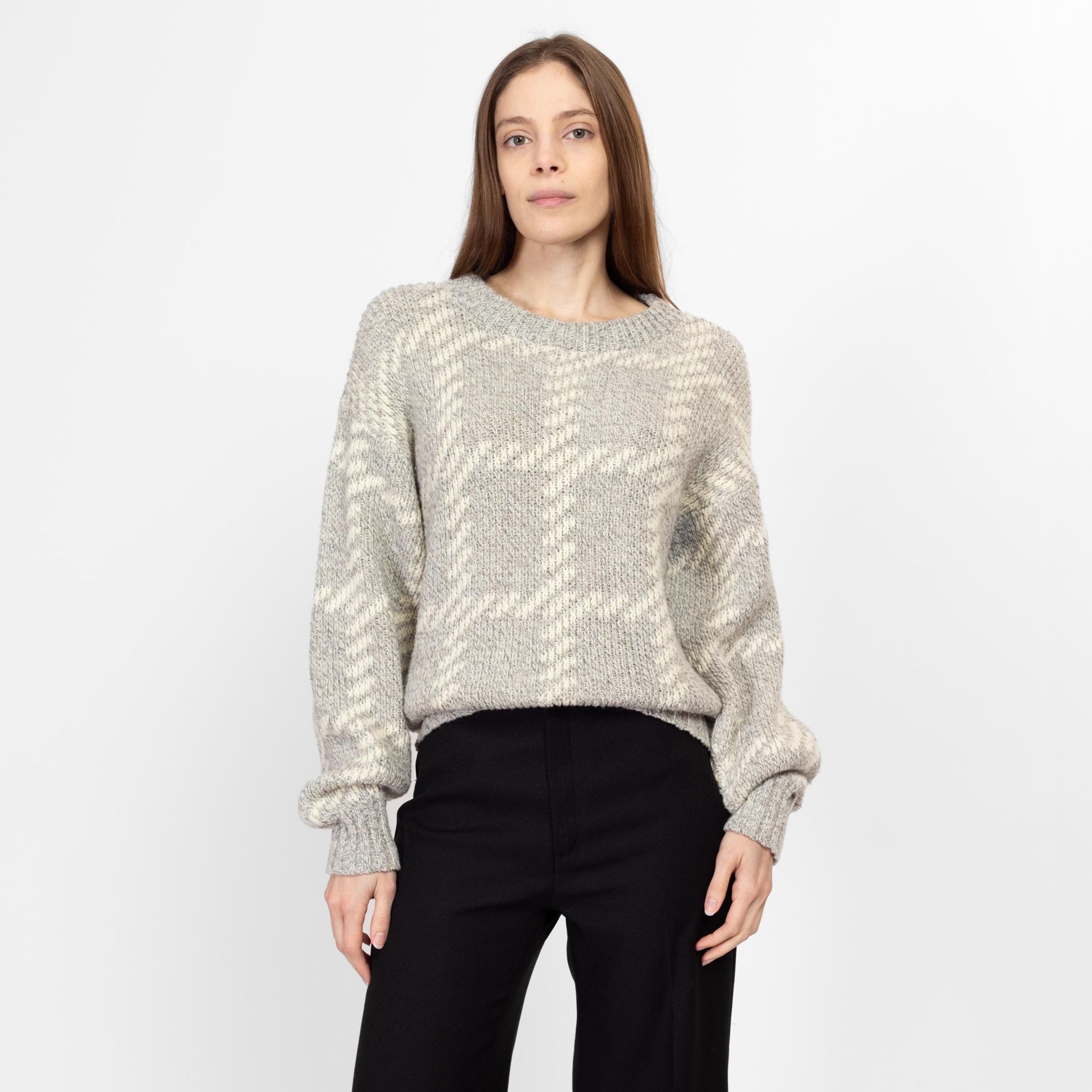 Med-Lrg 80s Grey & Cream Slouchy Knit Sweater | Vintage Plaid Chunky Knit Pullover Jumper