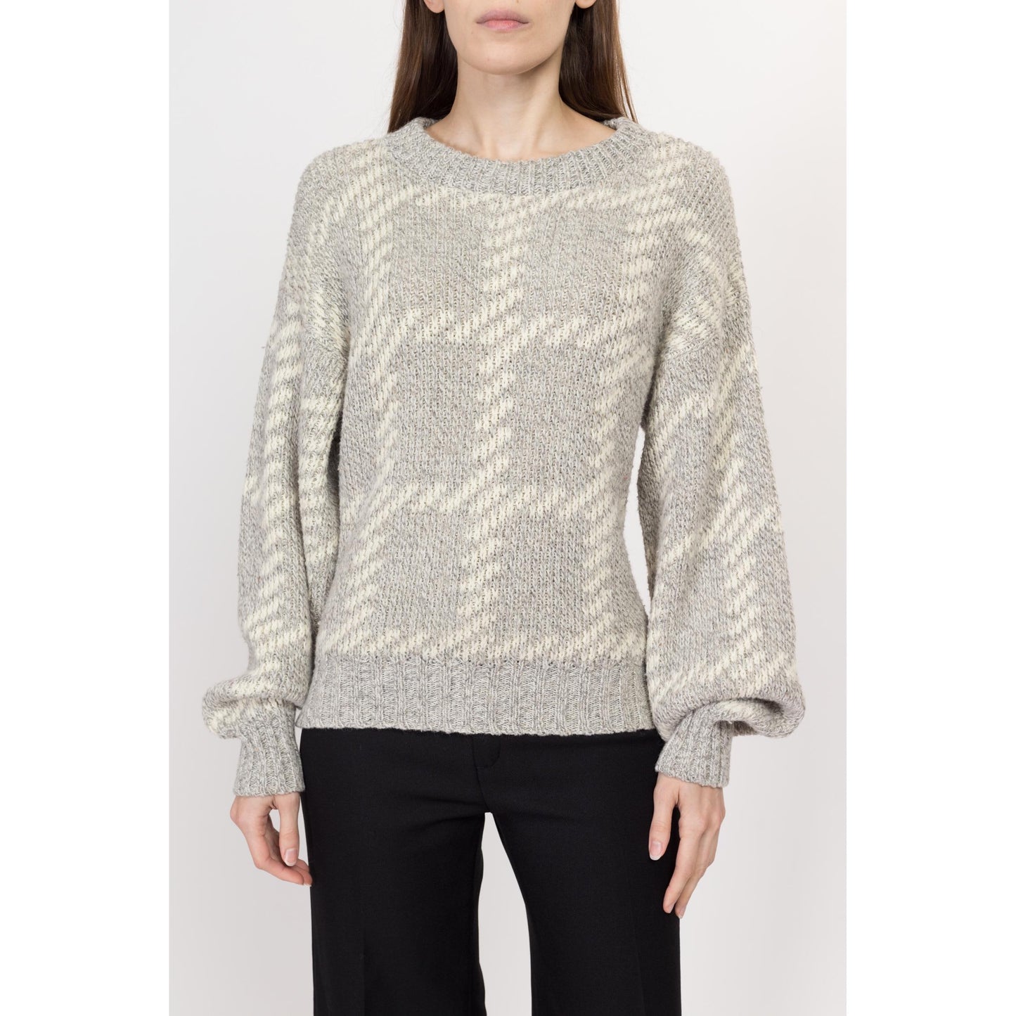 Med-Lrg 80s Grey & Cream Slouchy Knit Sweater | Vintage Plaid Chunky Knit Pullover Jumper