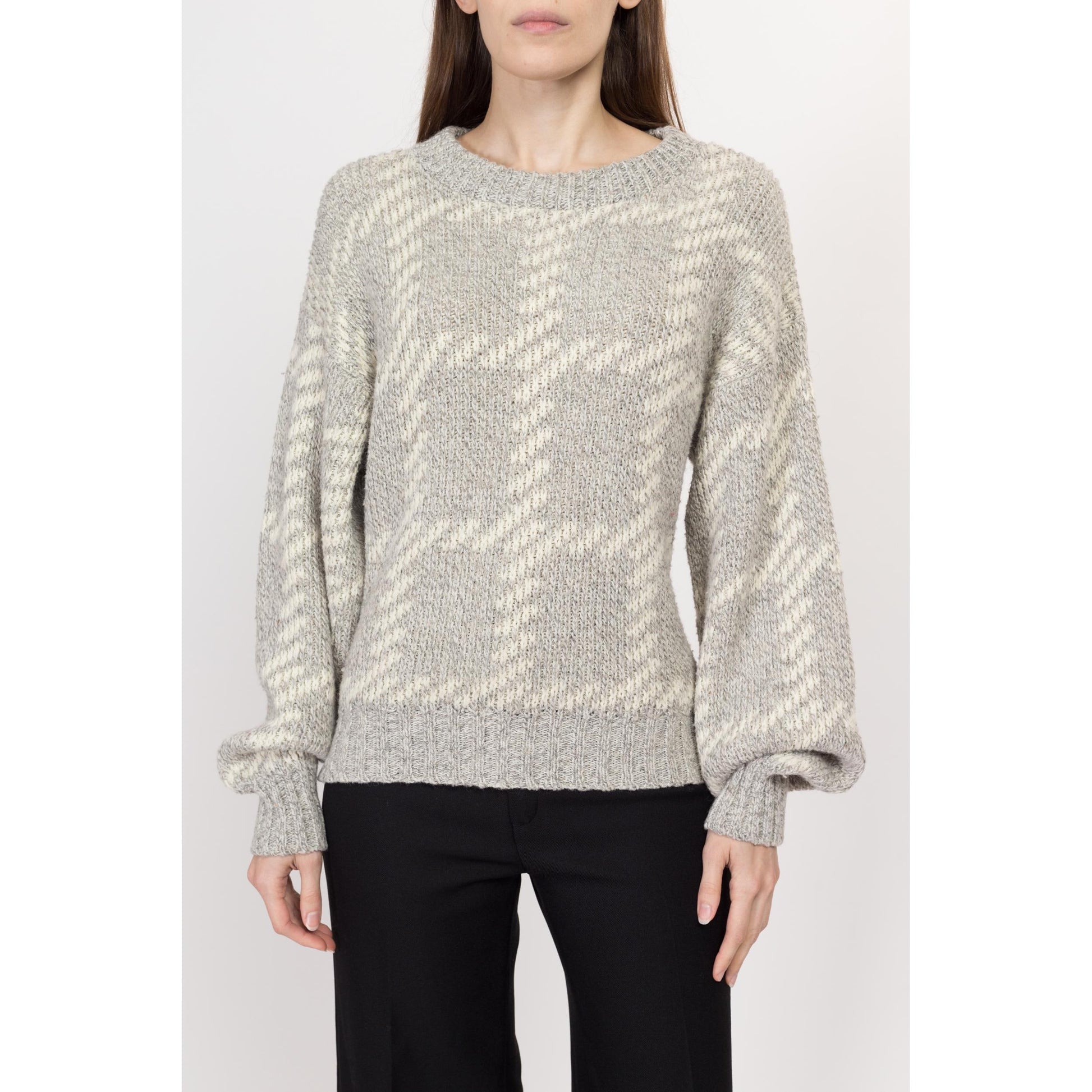 Med-Lrg 80s Grey & Cream Slouchy Knit Sweater | Vintage Plaid Chunky Knit Pullover Jumper