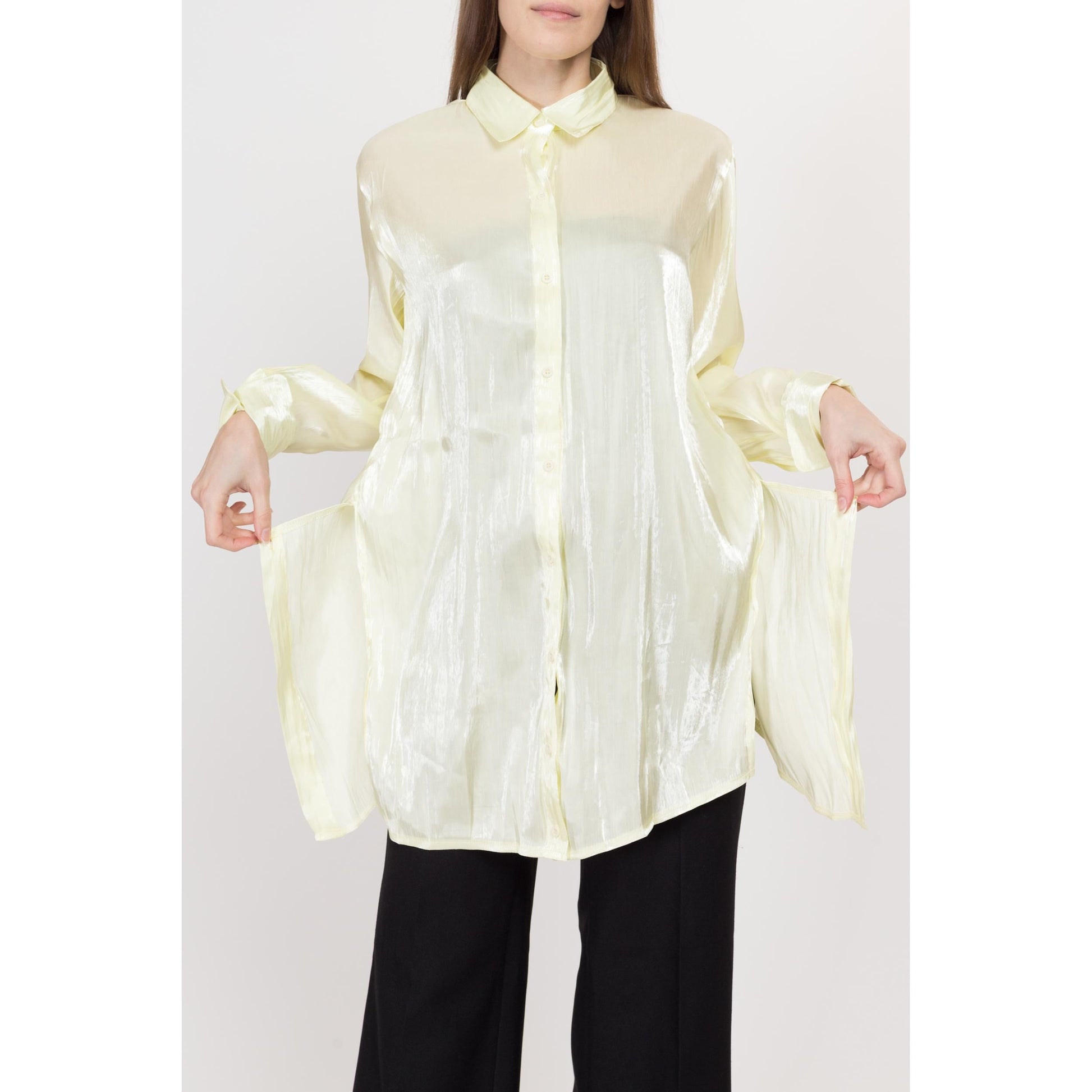 Small Y2K Sheer Chartreuse Longline Panel Blouse | Vintage Cuffed Long Sleeve Collared Button Up Top