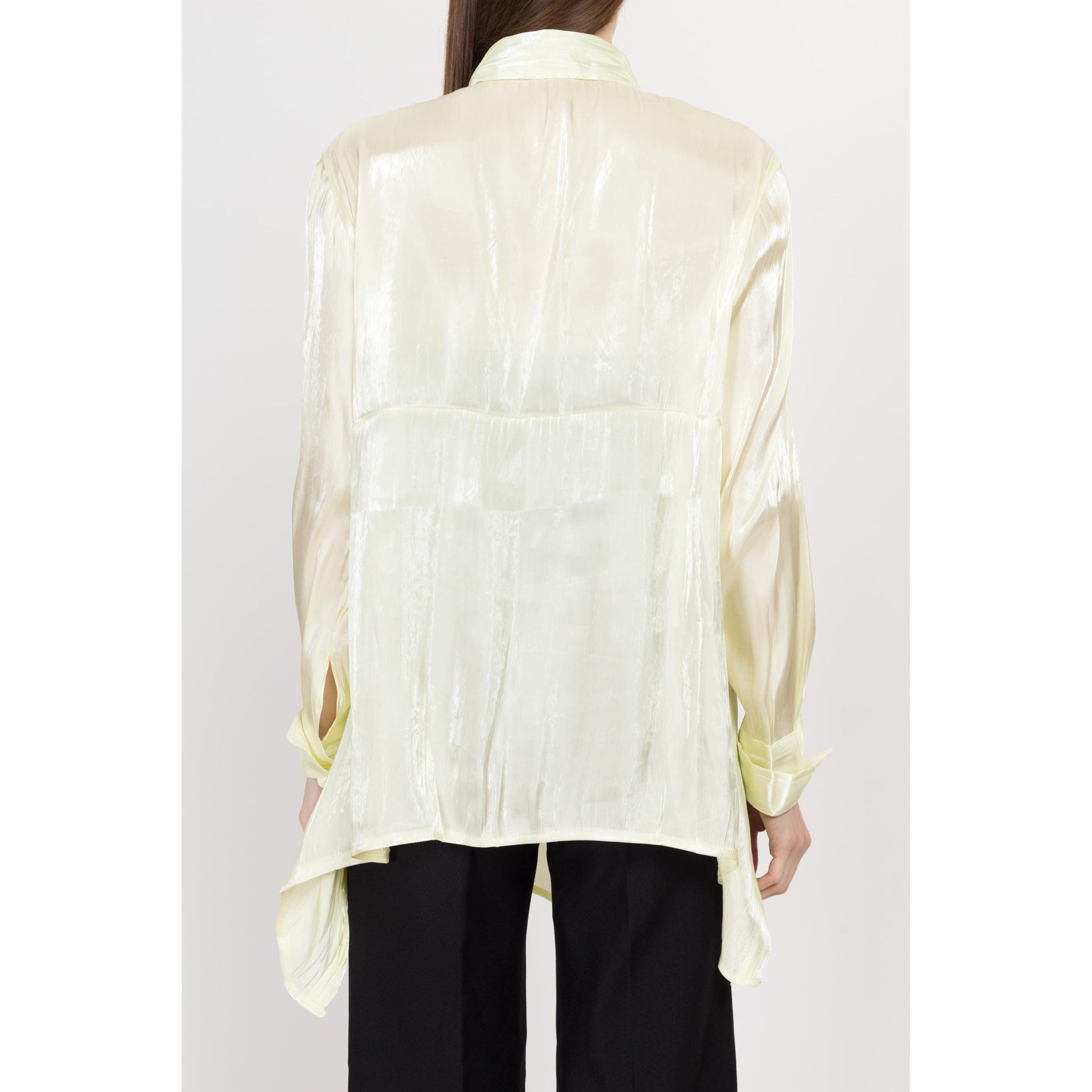 Small Y2K Sheer Chartreuse Longline Panel Blouse | Vintage Cuffed Long Sleeve Collared Button Up Top