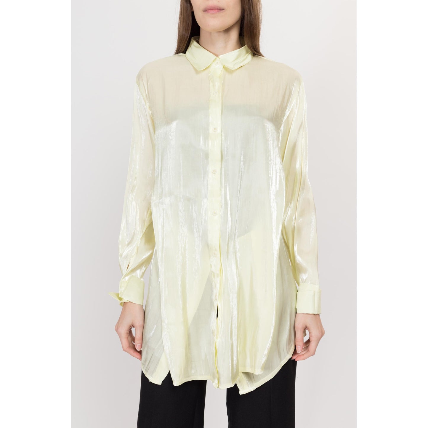 Small Y2K Sheer Chartreuse Longline Panel Blouse | Vintage Cuffed Long Sleeve Collared Button Up Top