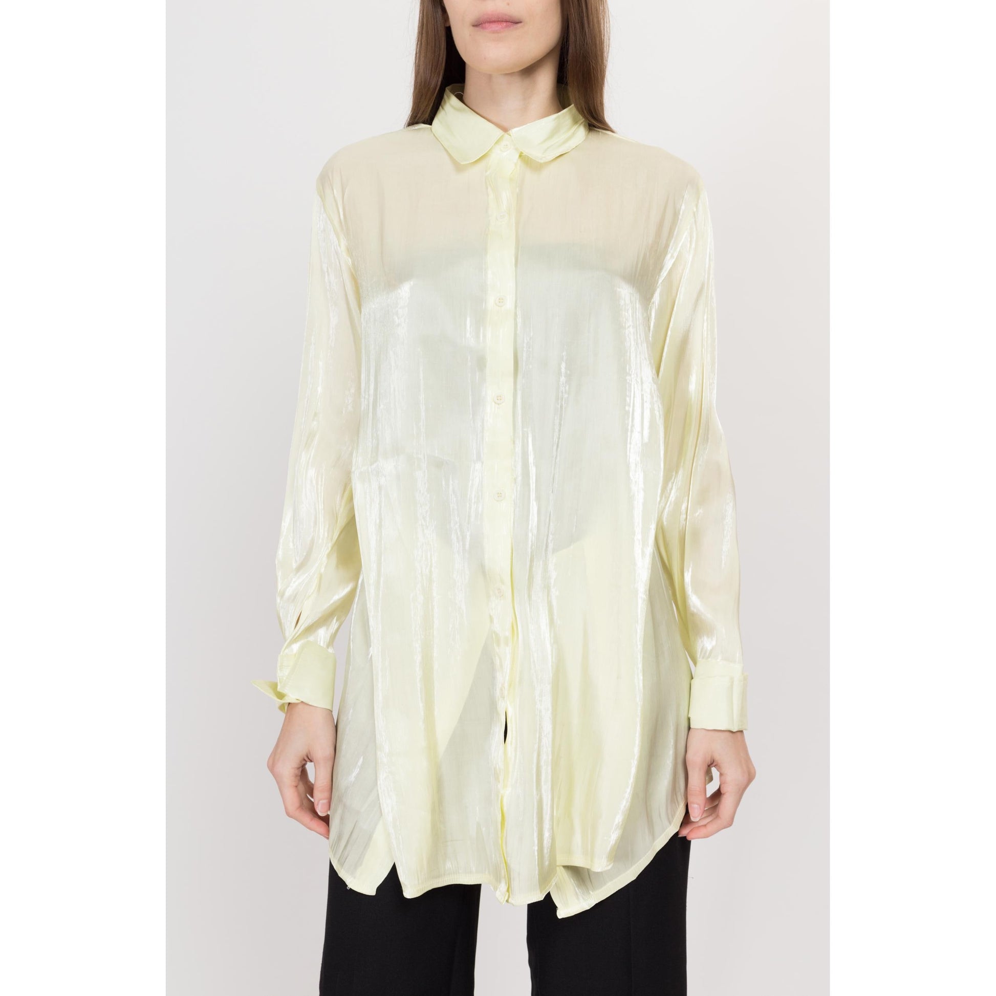 Small Y2K Sheer Chartreuse Longline Panel Blouse | Vintage Cuffed Long Sleeve Collared Button Up Top