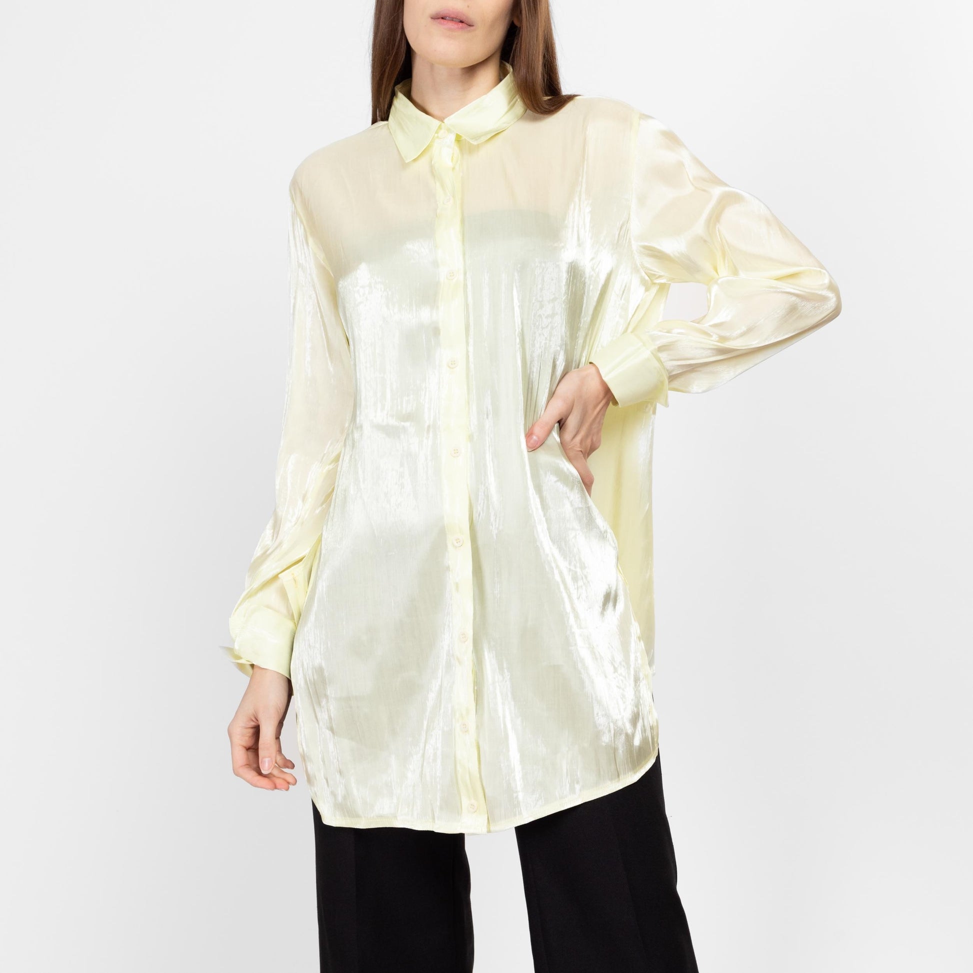 Small Y2K Sheer Chartreuse Longline Panel Blouse | Vintage Cuffed Long Sleeve Collared Button Up Top