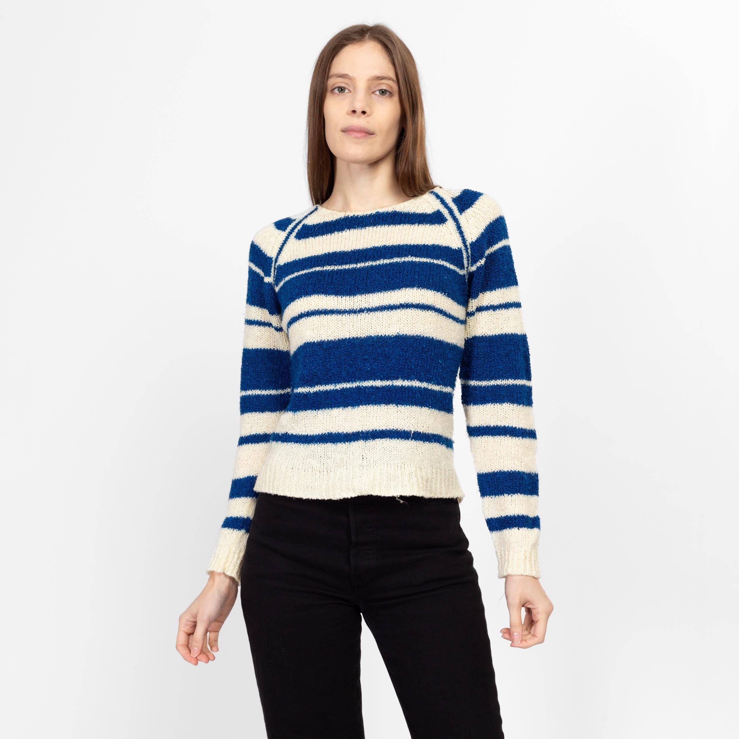 Medium 80s Blue White Striped Sweater Flying Apple Vintage