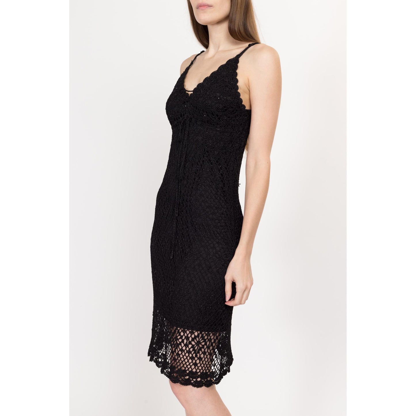 Sm-Med Y2K Black Crochet Bodycon Sundress | Vintage Boho Stretchy Fitted Tank Mini Dress