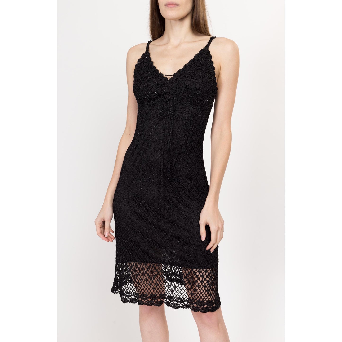 Sm-Med Y2K Black Crochet Bodycon Sundress | Vintage Boho Stretchy Fitted Tank Mini Dress