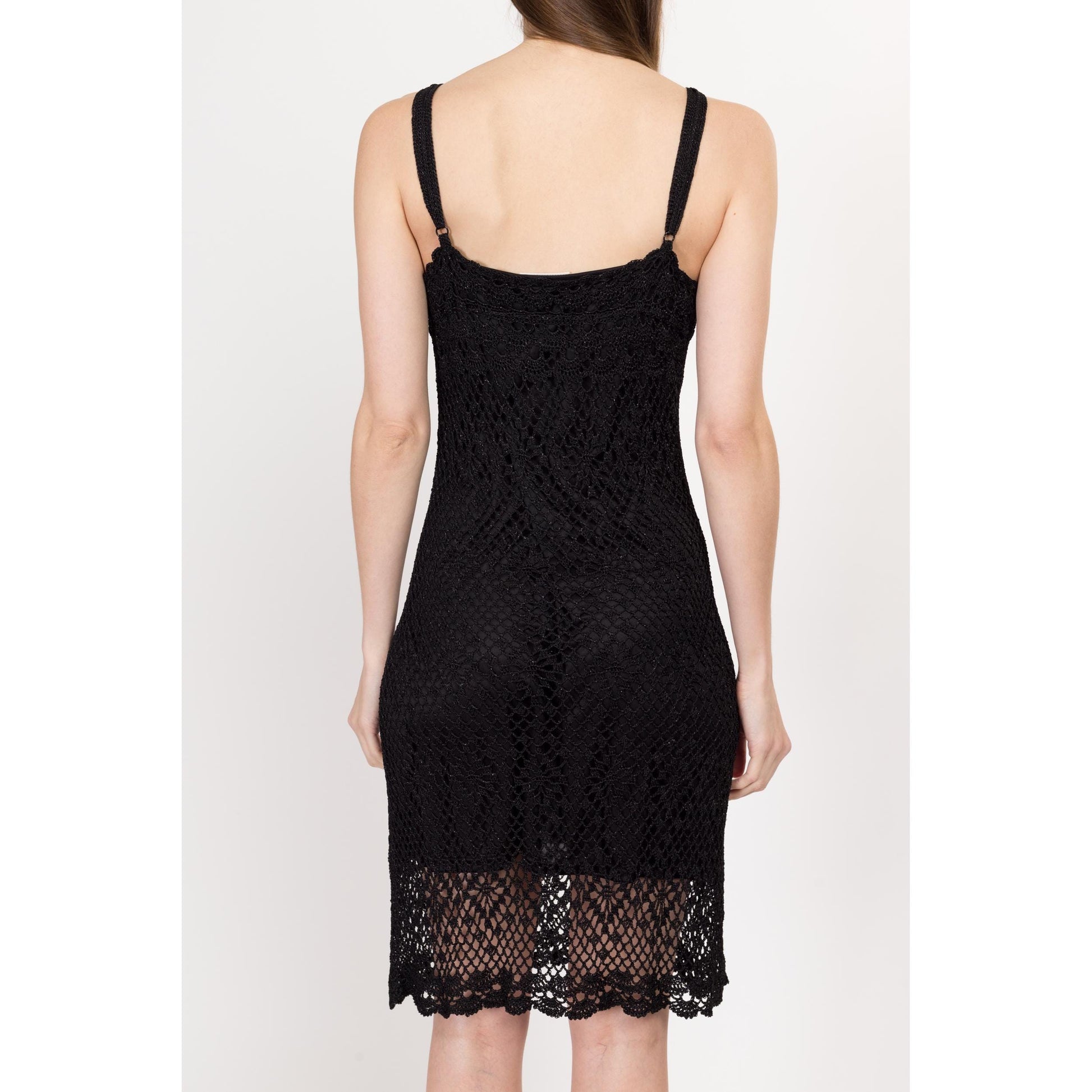 Sm-Med Y2K Black Crochet Bodycon Sundress | Vintage Boho Stretchy Fitted Tank Mini Dress