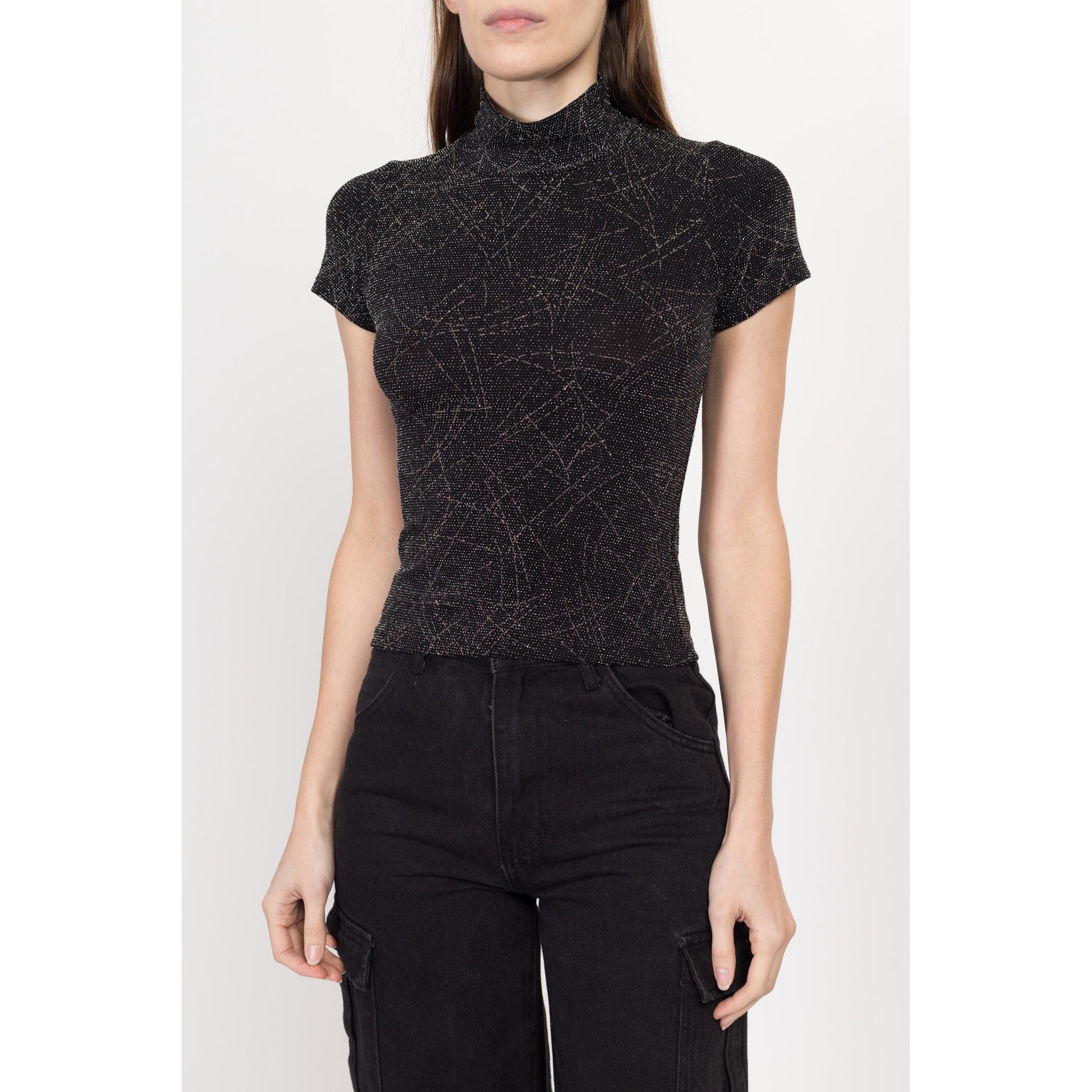 XS-Sm 90s Black & Silver Glitter Mockneck Top | Vintage Gothic Stretchy Sparkle Shirt