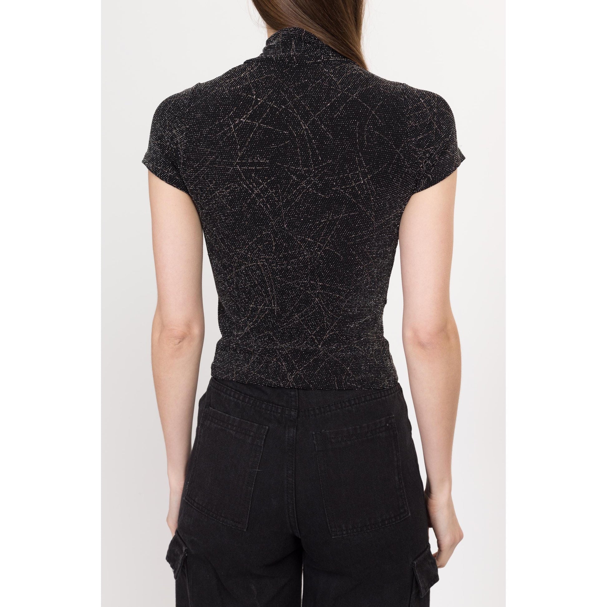 XS-Sm 90s Black & Silver Glitter Mockneck Top | Vintage Gothic Stretchy Sparkle Shirt