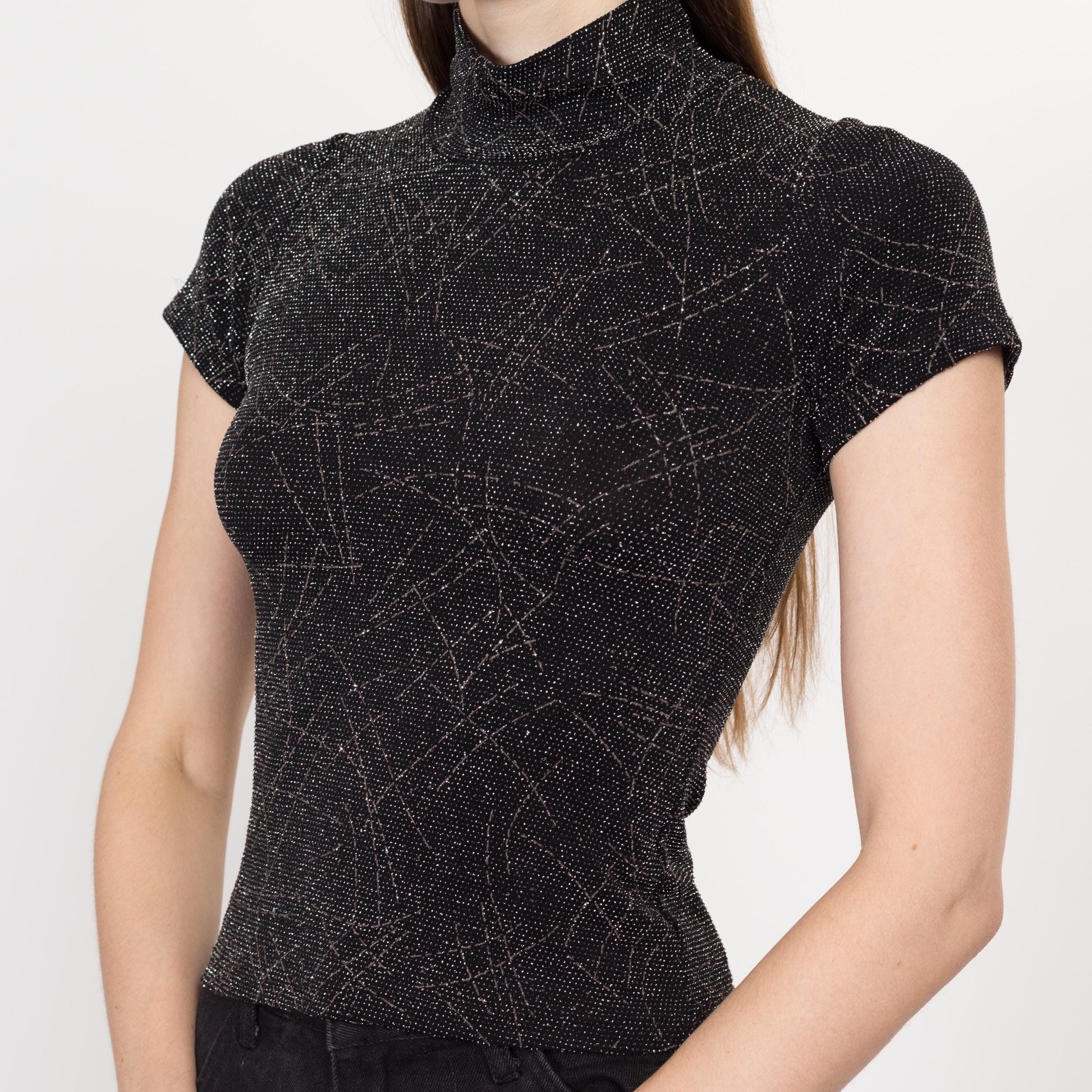 XS-Sm 90s Black & Silver Glitter Mockneck Top | Vintage Gothic Stretchy Sparkle Shirt