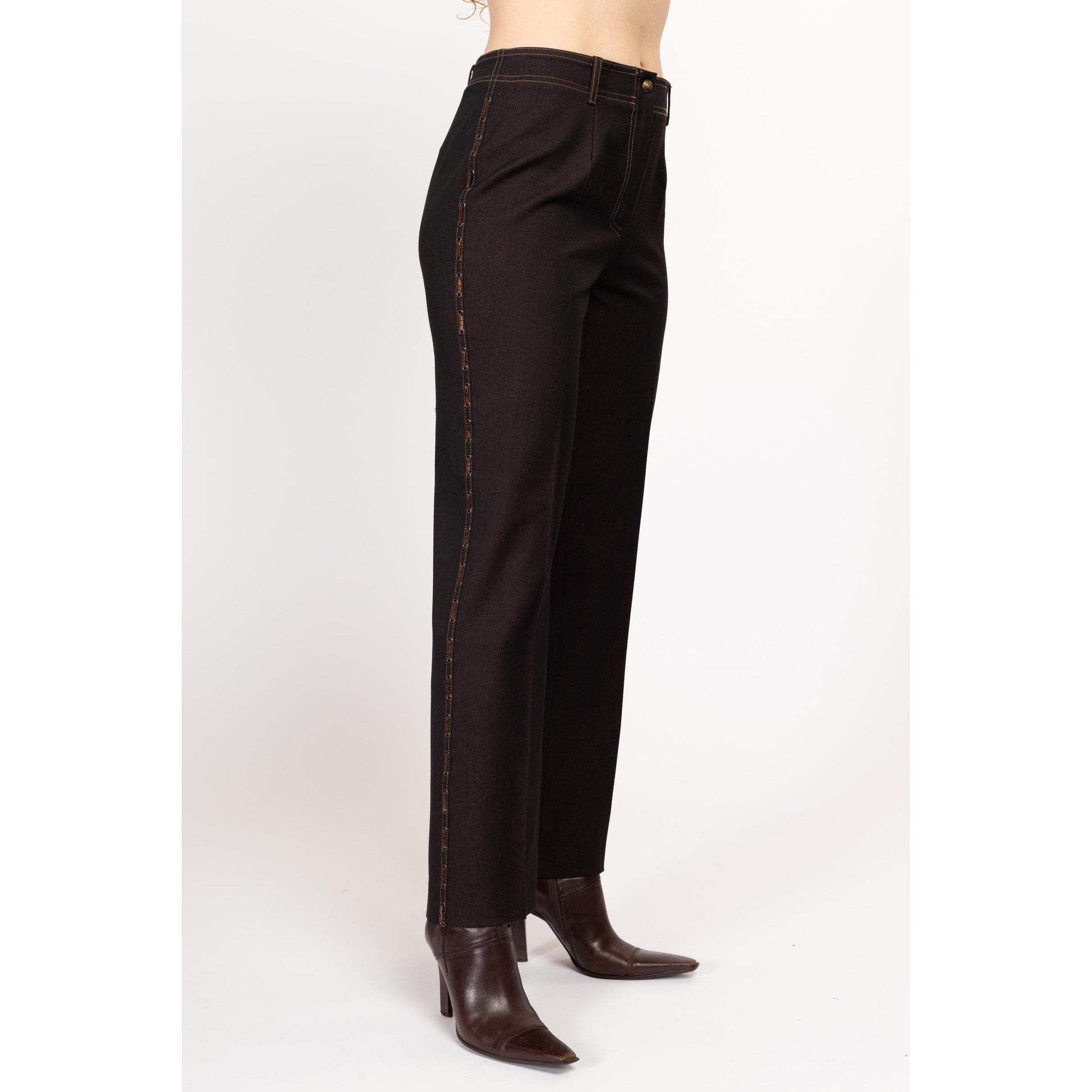Medium Y2K Dark Brown Threaded Trim Mid Rise Pants | Vintage Straight Leg Faux Leather Trim Trousers