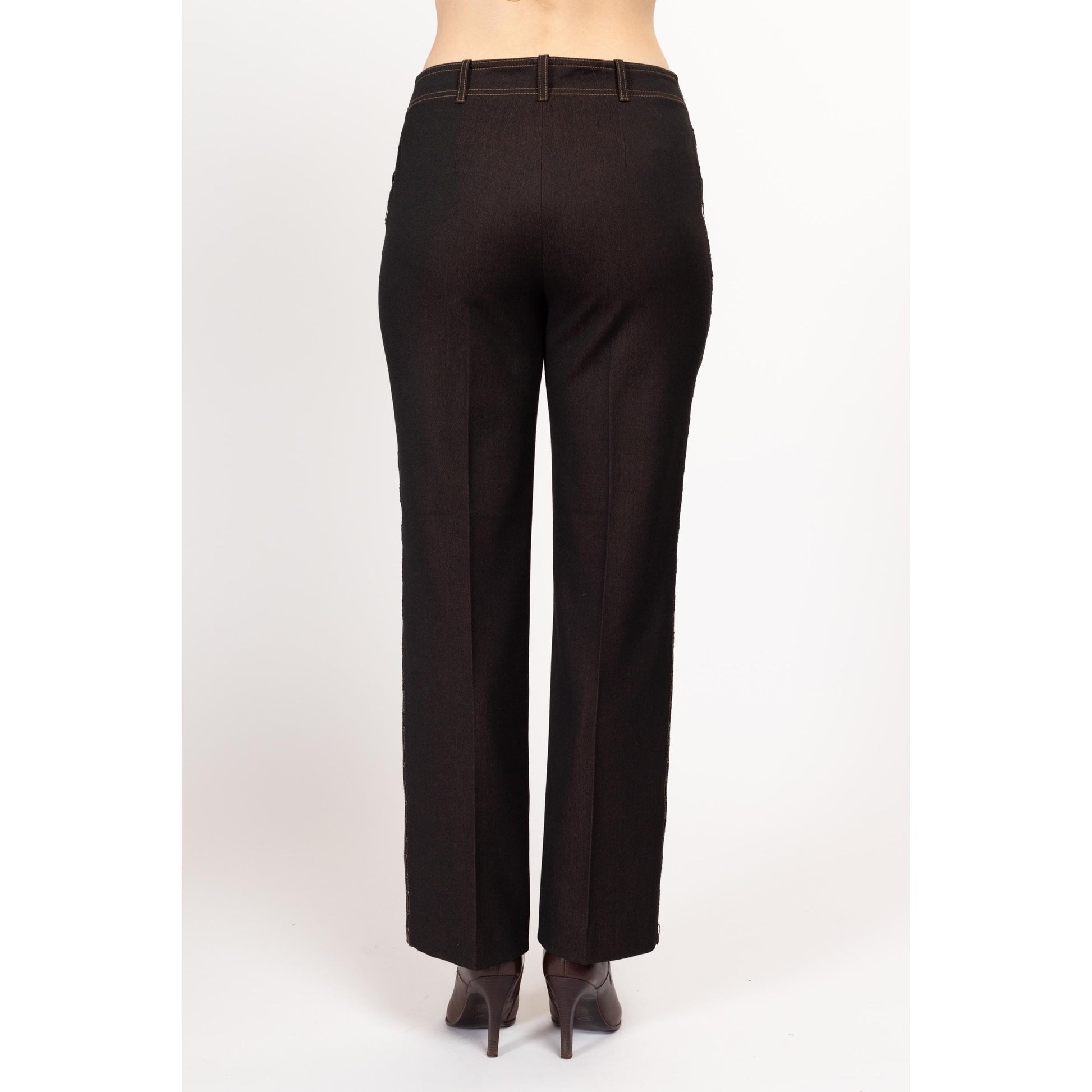 Medium Y2K Dark Brown Threaded Trim Mid Rise Pants | Vintage Straight Leg Faux Leather Trim Trousers