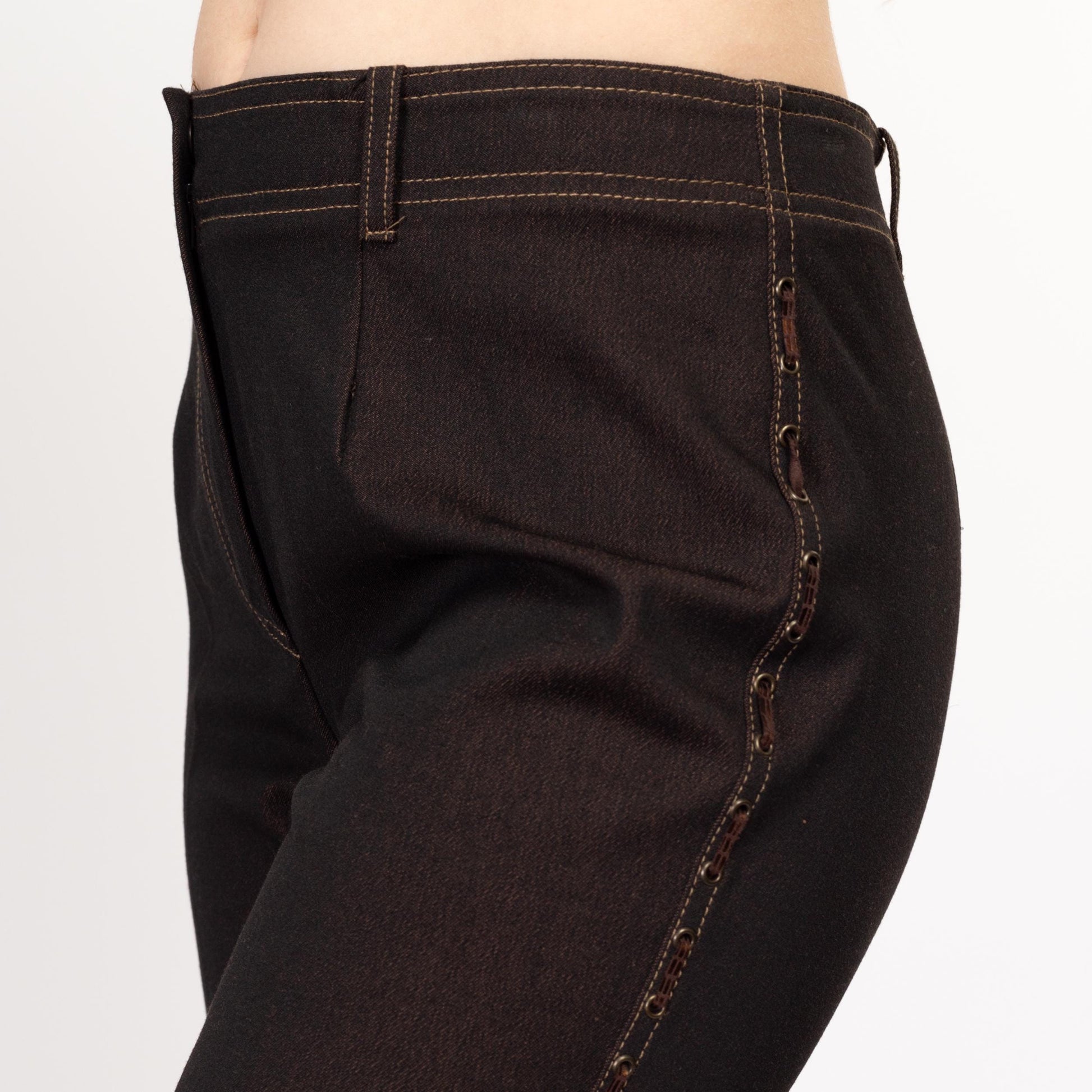Medium Y2K Dark Brown Threaded Trim Mid Rise Pants | Vintage Straight Leg Faux Leather Trim Trousers