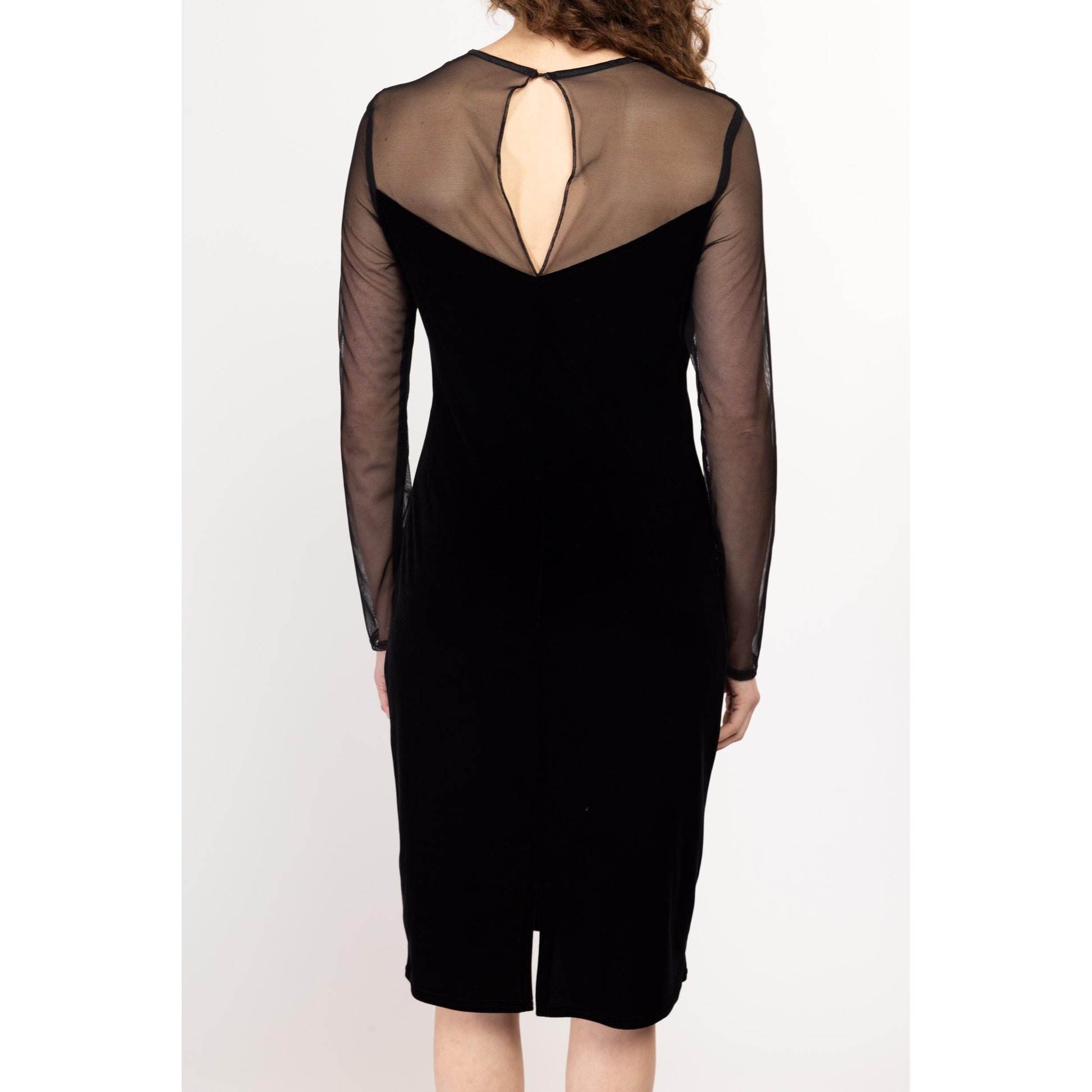 Med-Lrg 80s Black Sheer Illusion Cocktail Dress | Vintage Long Sleeve Fitted Midi Party Dress