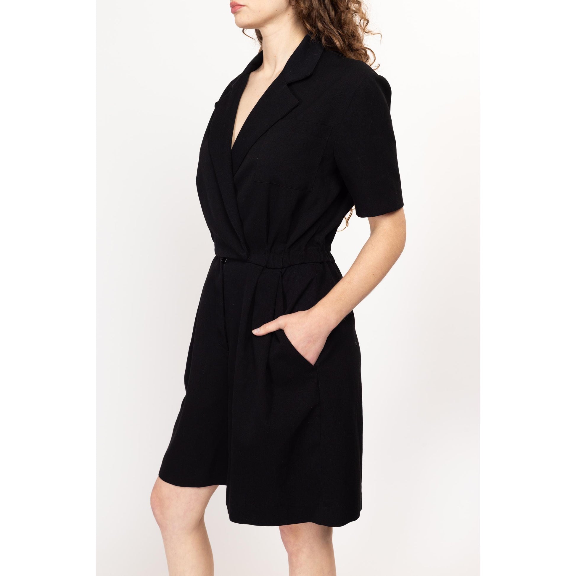 Medium 80s Ann Tjian Black Collared Romper | Vintage Short Sleeve Button Up One Piece Outfit