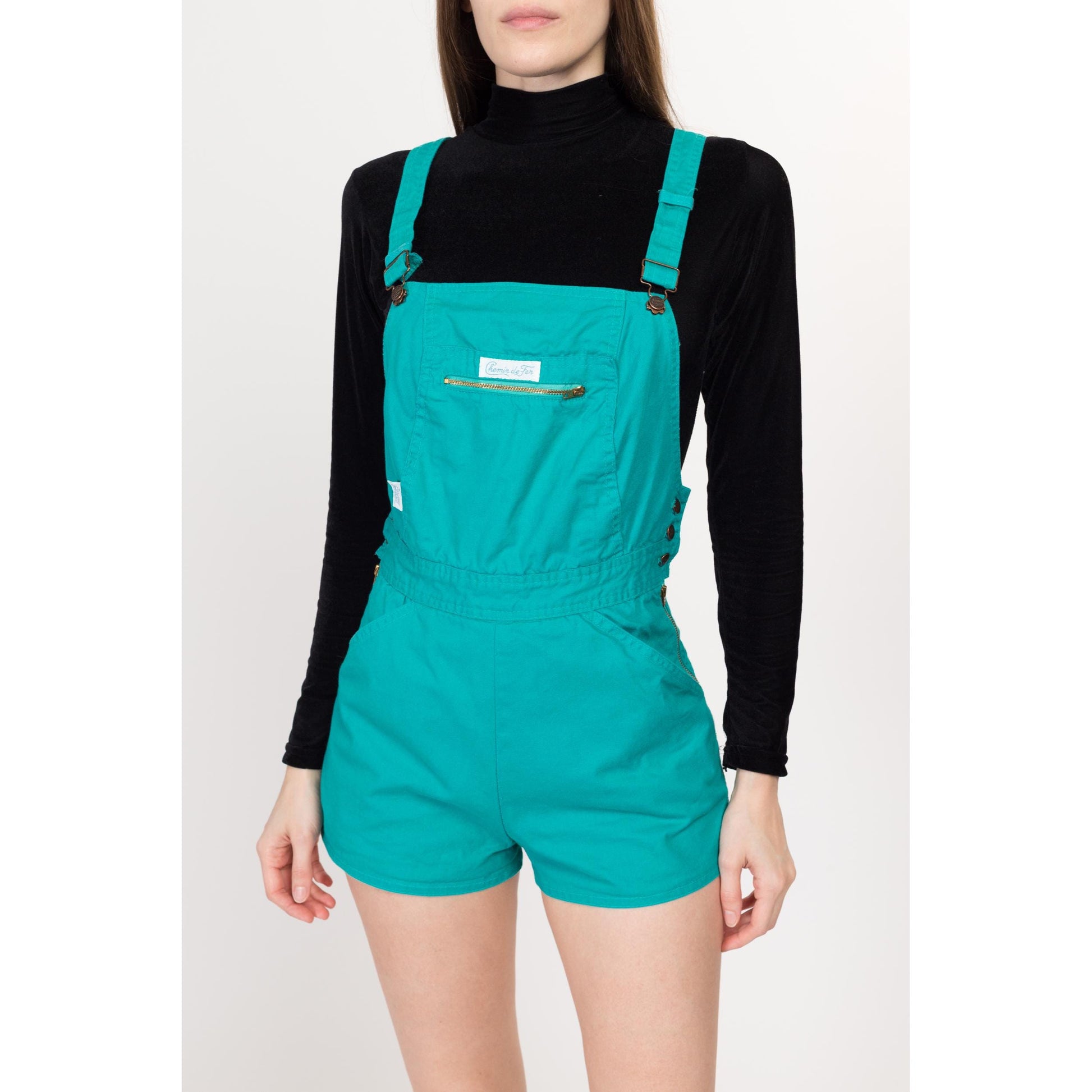 Petite XS 70s Chemin De Fer Teal Overall Shorts | Retro Vintage Cotton Romper Shortalls
