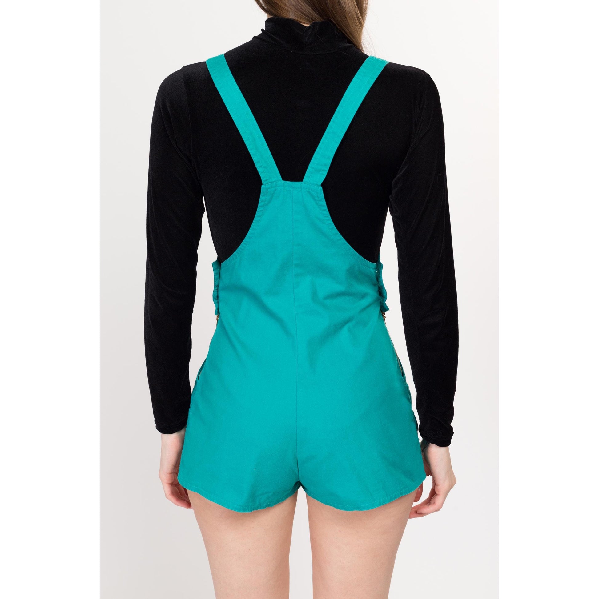 Petite XS 70s Chemin De Fer Teal Overall Shorts | Retro Vintage Cotton Romper Shortalls