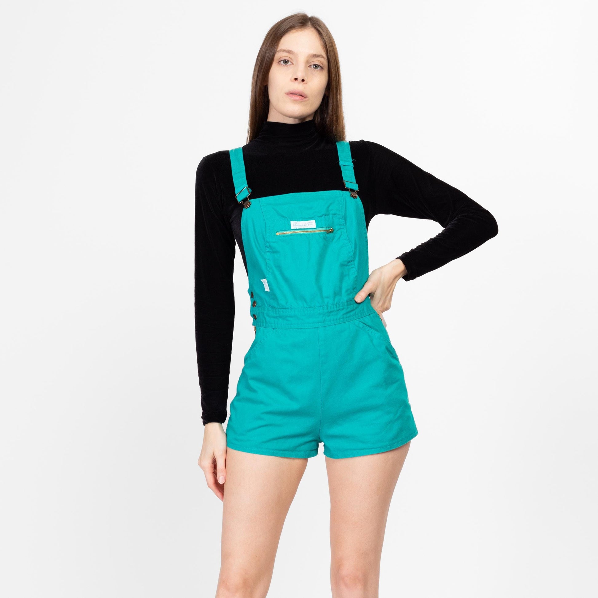 Petite XS 70s Chemin De Fer Teal Overall Shorts | Retro Vintage Cotton Romper Shortalls