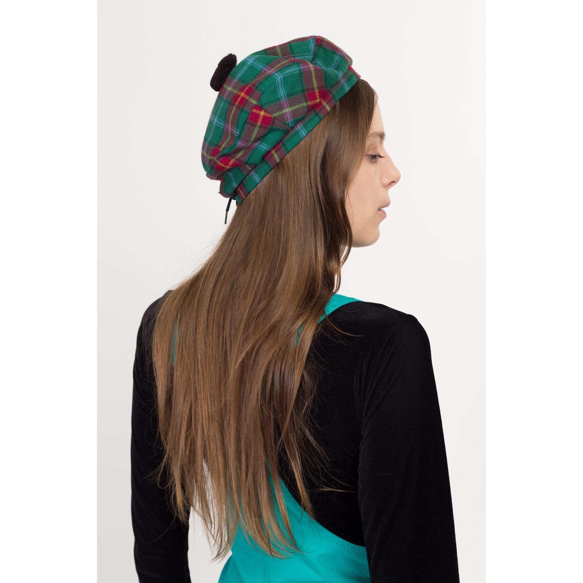 XS-Sm 70s Green & Red Plaid Wool Tam O' Shanter | Vintage Scottish Tartan Tam Pom Pom Beret