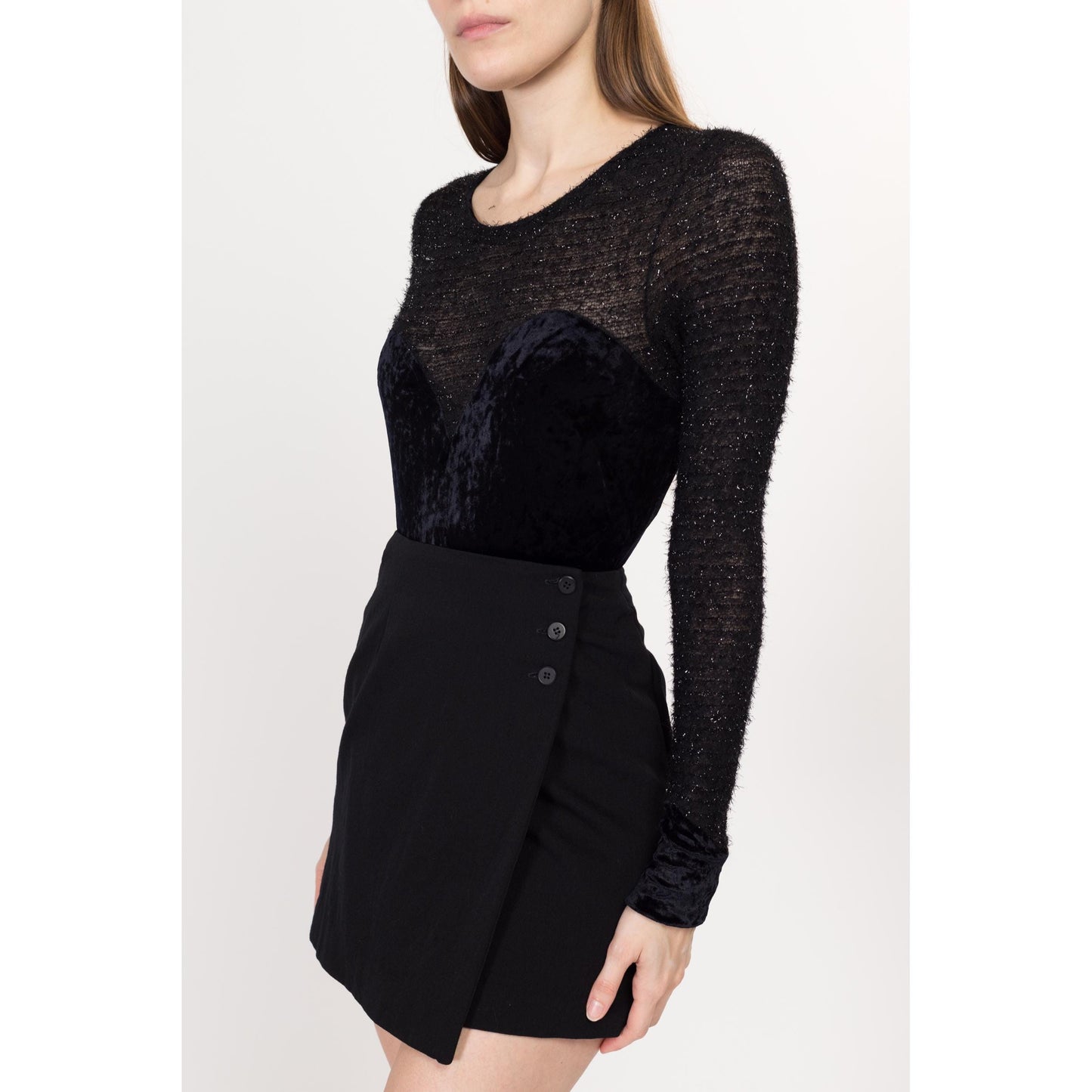 XS 90s Black Sheer Illusion Velvet & Fuzzy Knit Bodysuit Top  