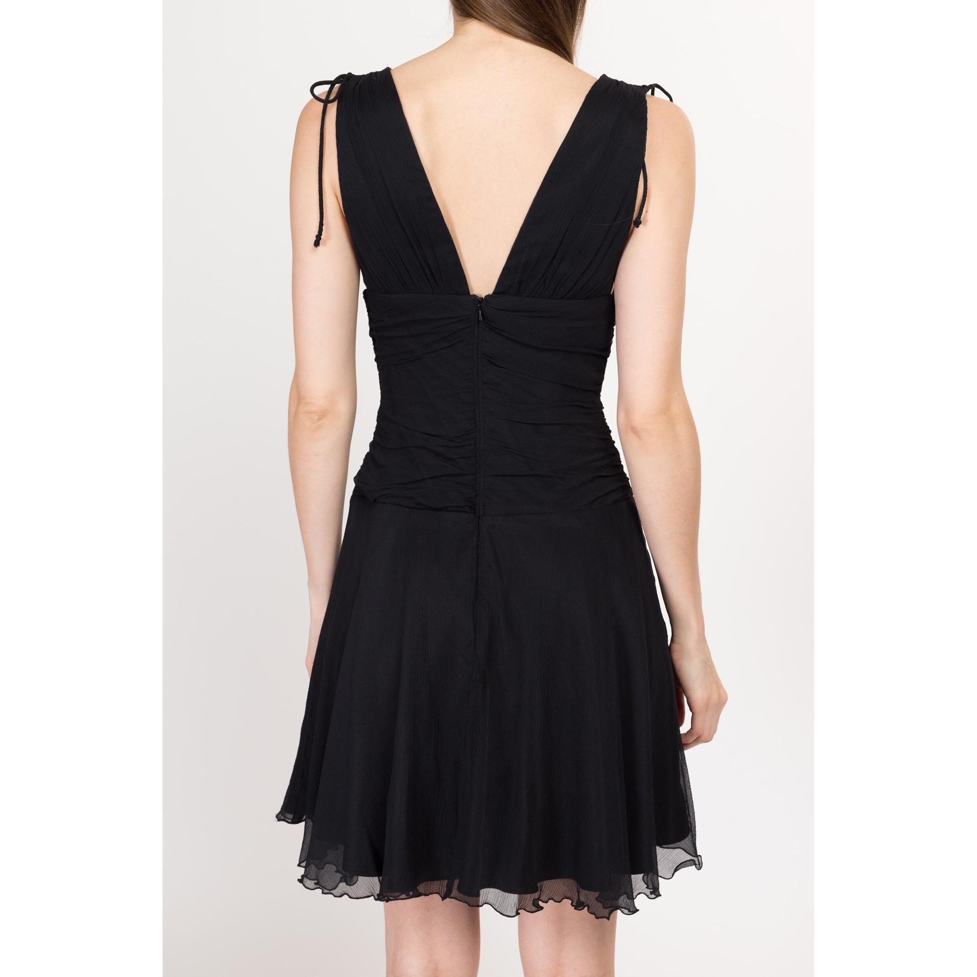 Small Y2K Express Black Silk Mini Party Dress | Vintage Sleeveless A Line V Neck Lettuce Hem Cocktail Dress