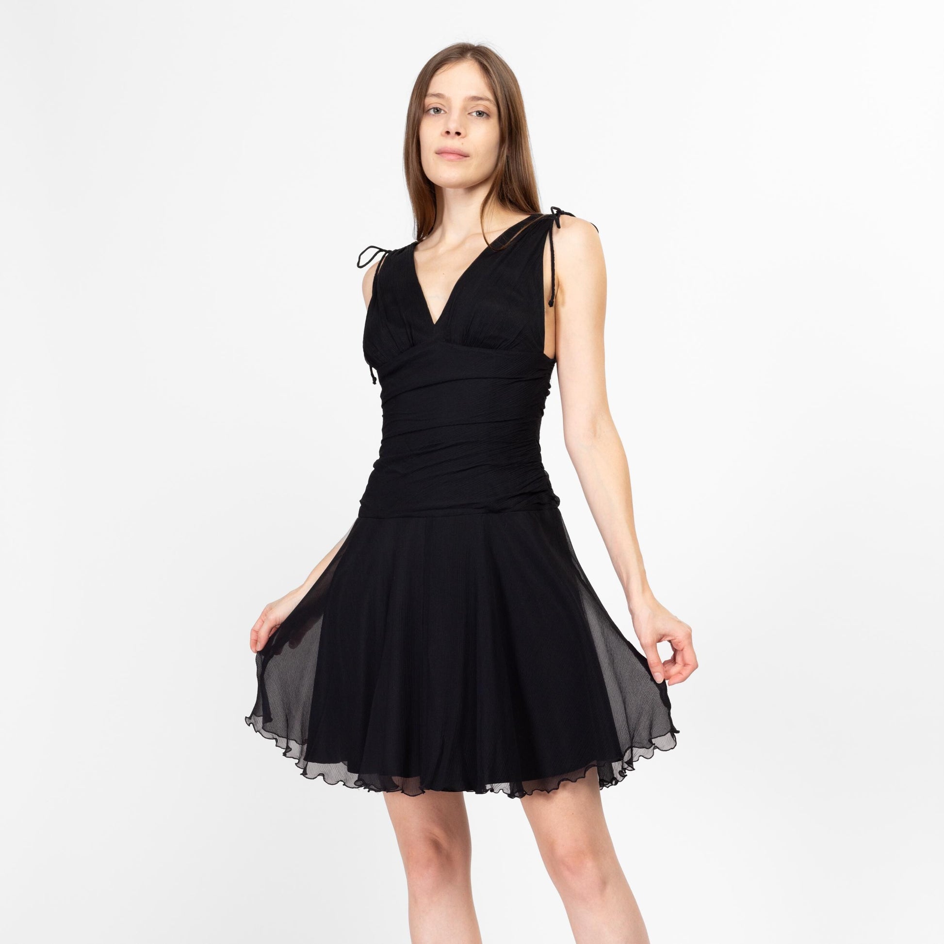 Small Y2K Express Black Silk Mini Party Dress | Vintage Sleeveless A Line V Neck Lettuce Hem Cocktail Dress