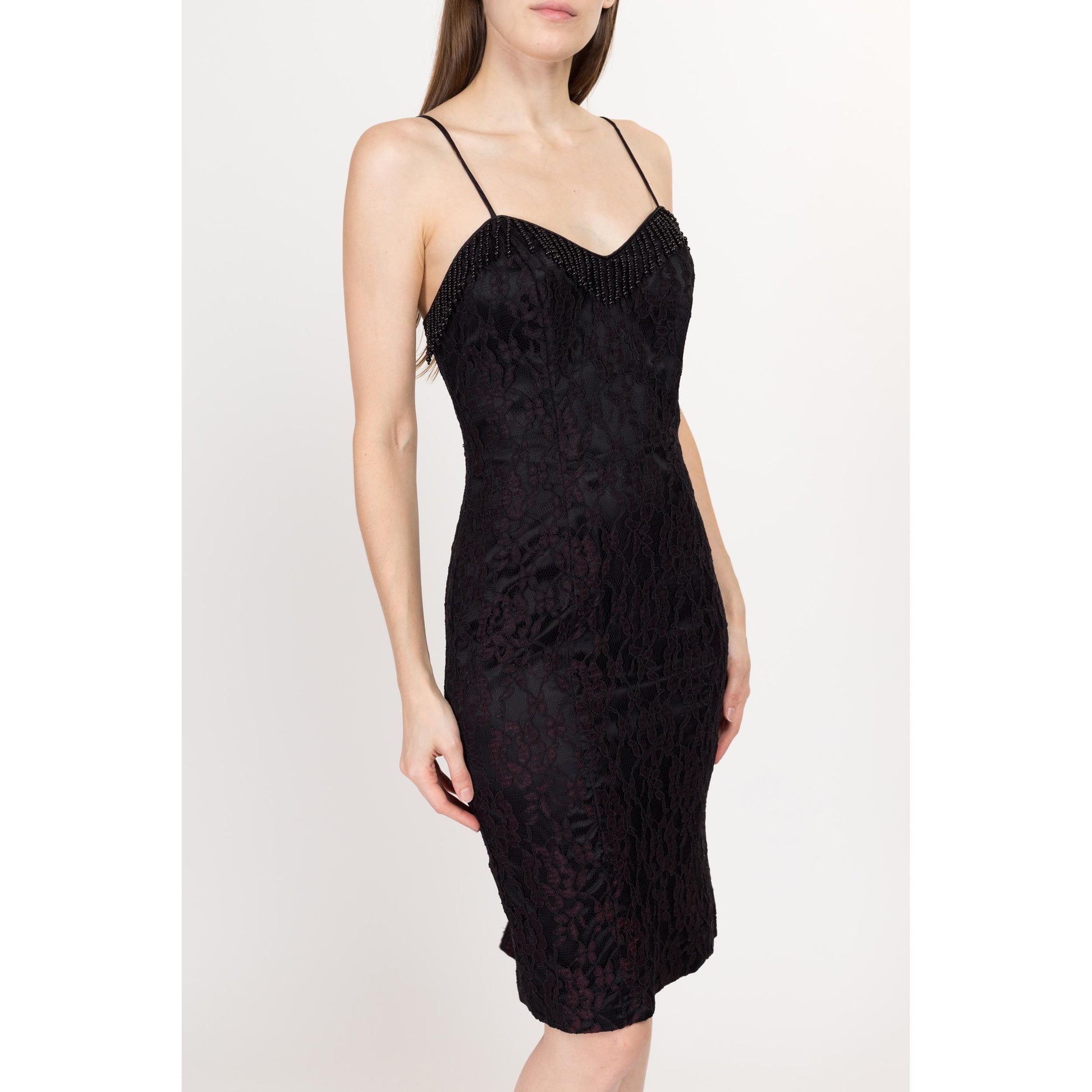 Small 90s Black & Plum Lace Corset Back Cocktail Dress | Vintage Beaded Fringe Fitted Knee Length Mini Party Dress