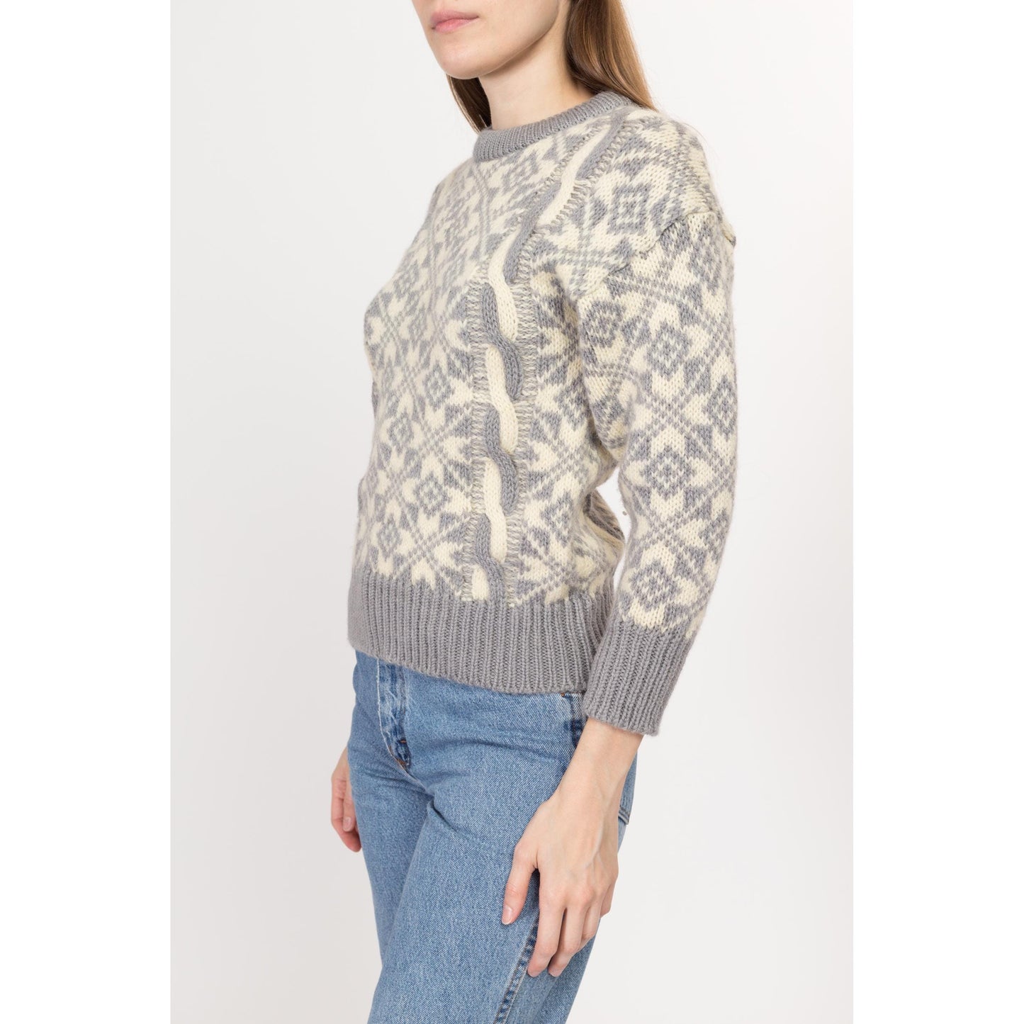 XS 80s Grey & Cream Fair Isle Wool Cable Knit Sweater | Vintage Made In England Nordic Pullover Jumper