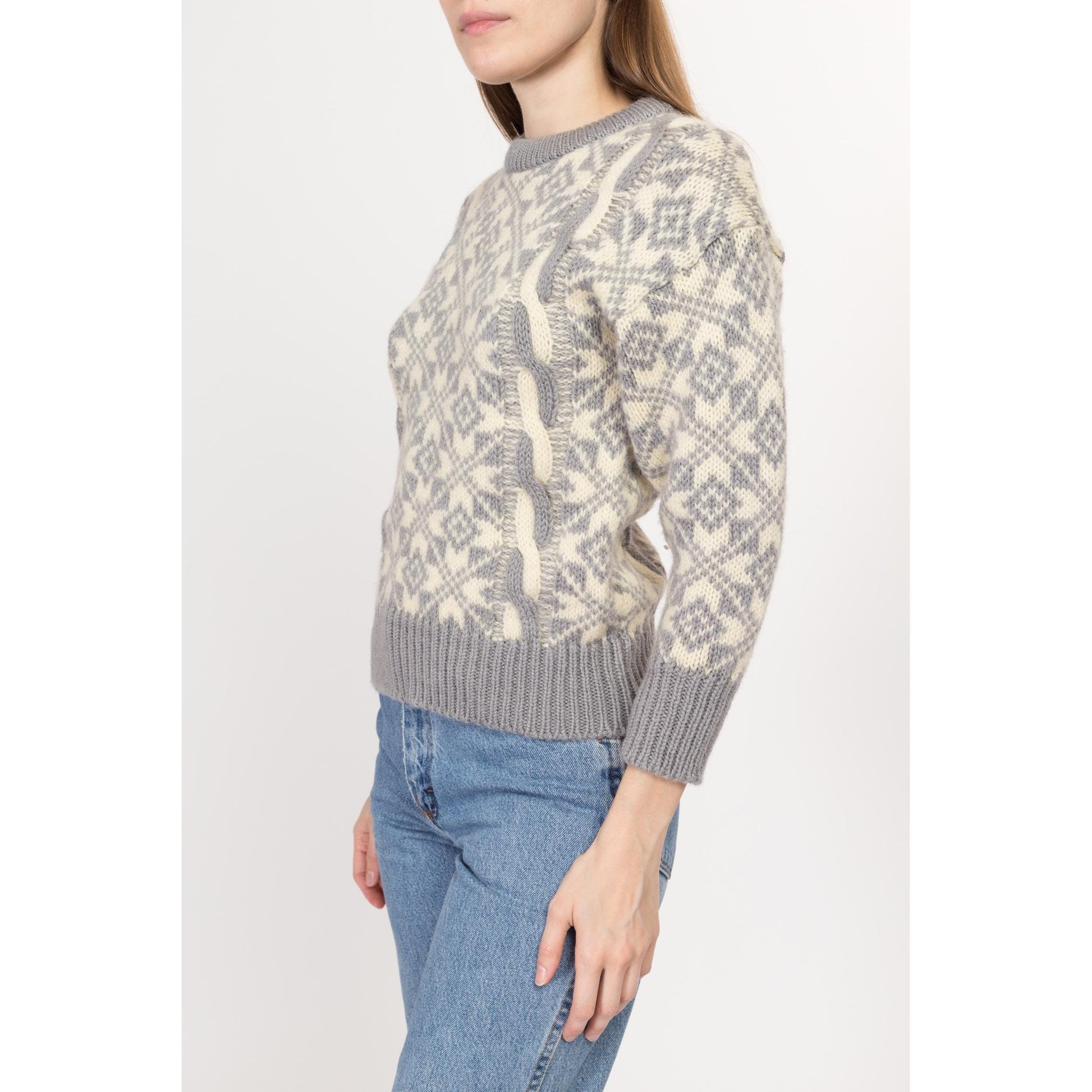 XS 80s Grey & Cream Fair Isle Wool Cable Knit Sweater | Vintage Made In England Nordic Pullover Jumper