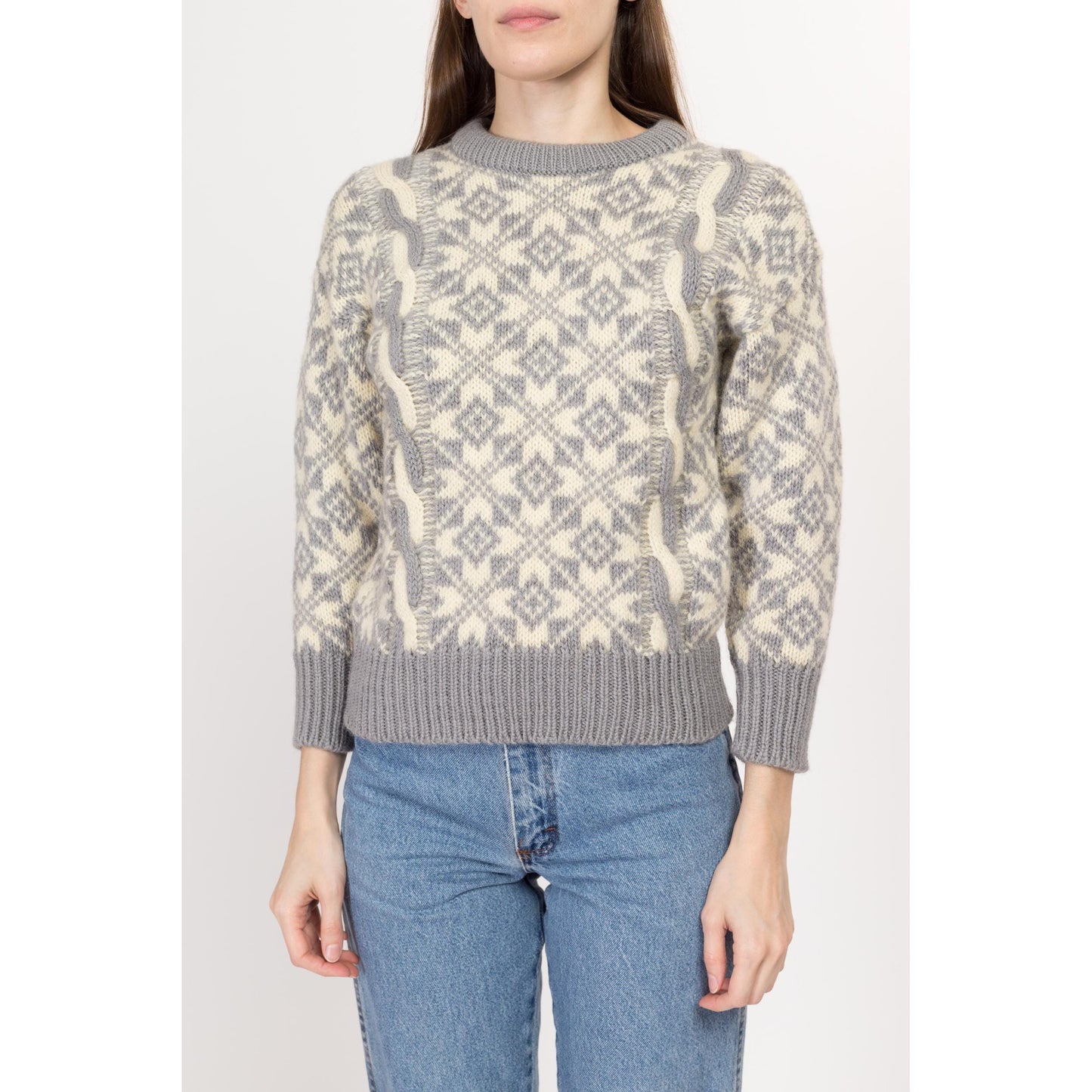 XS 80s Grey & Cream Fair Isle Wool Cable Knit Sweater | Vintage Made In England Nordic Pullover Jumper