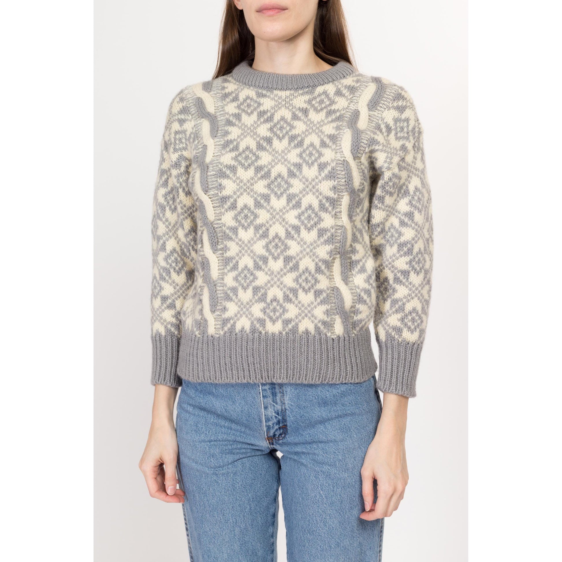 XS 80s Grey & Cream Fair Isle Wool Cable Knit Sweater | Vintage Made In England Nordic Pullover Jumper