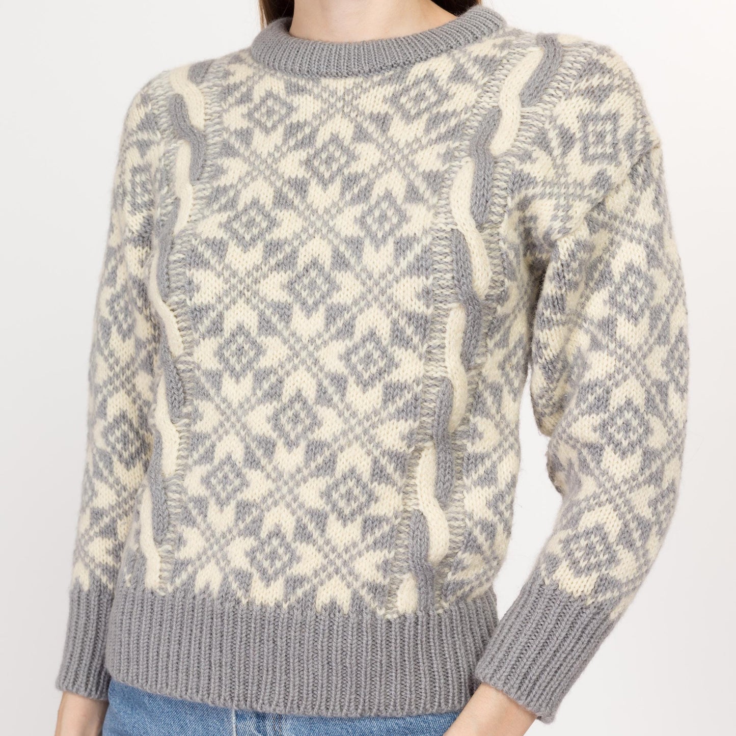 XS 80s Grey & Cream Fair Isle Wool Cable Knit Sweater | Vintage Made In England Nordic Pullover Jumper