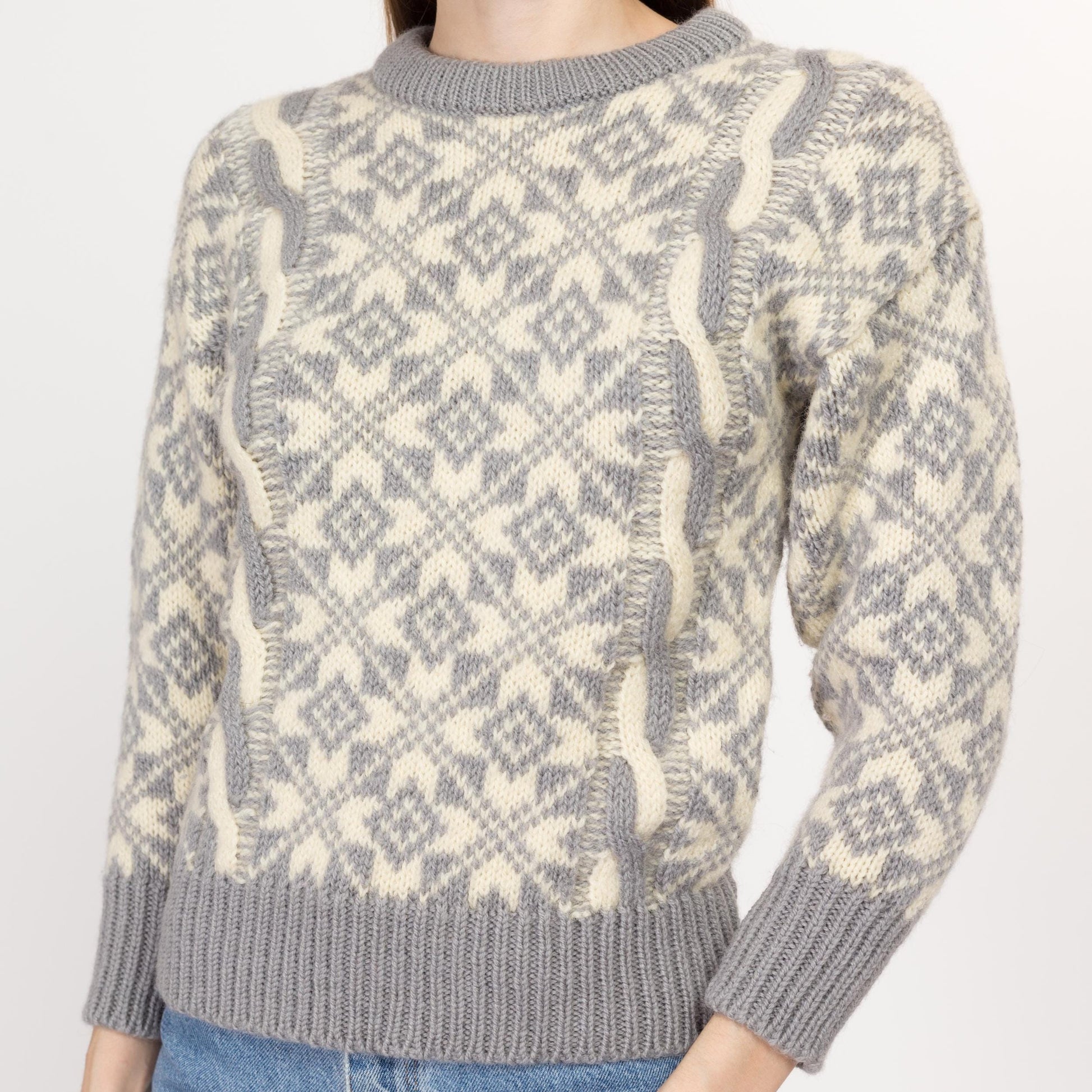 XS 80s Grey & Cream Fair Isle Wool Cable Knit Sweater | Vintage Made In England Nordic Pullover Jumper