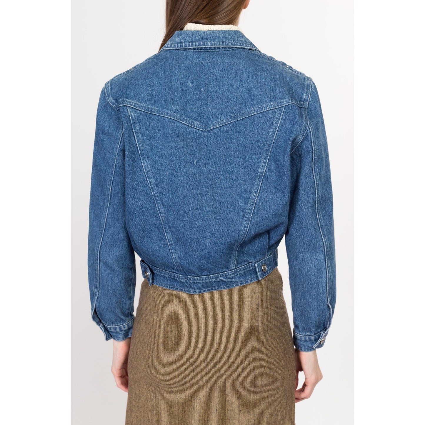 Small 80s Crochet Floral Cropped Jean Jacket | Vintage Bianca Maria Caselli Denim Jacket