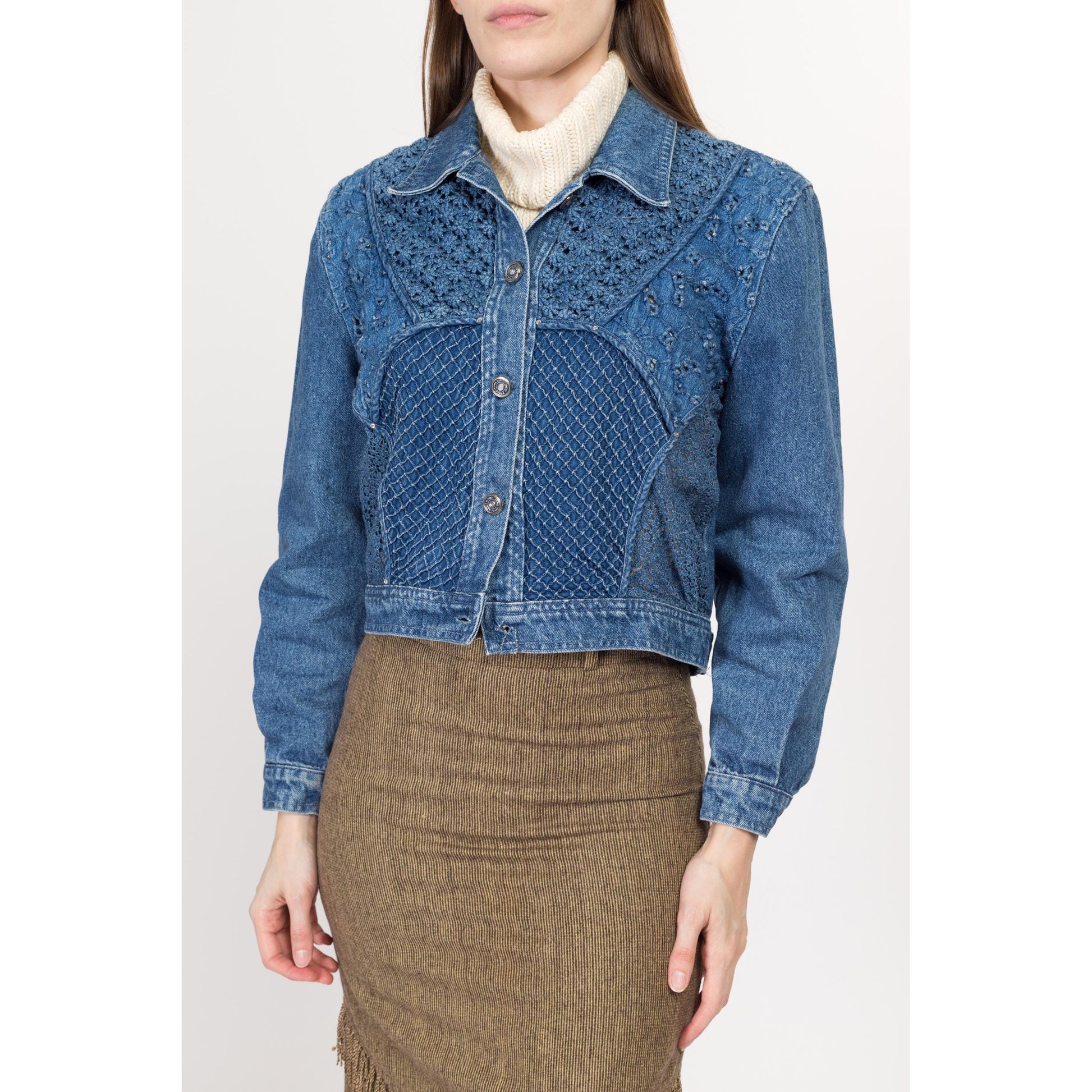 Small 80s Crochet Floral Cropped Jean Jacket | Vintage Bianca Maria Caselli Denim Jacket