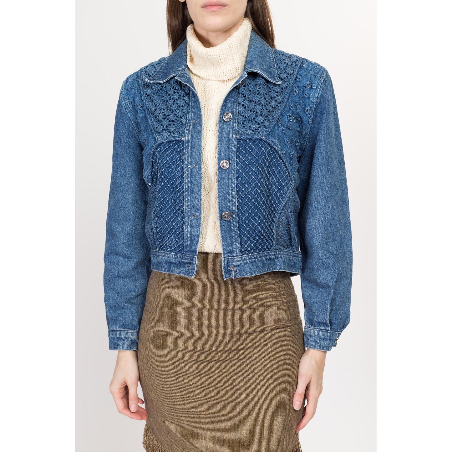 Small 80s Crochet Floral Cropped Jean Jacket | Vintage Bianca Maria Caselli Denim Jacket
